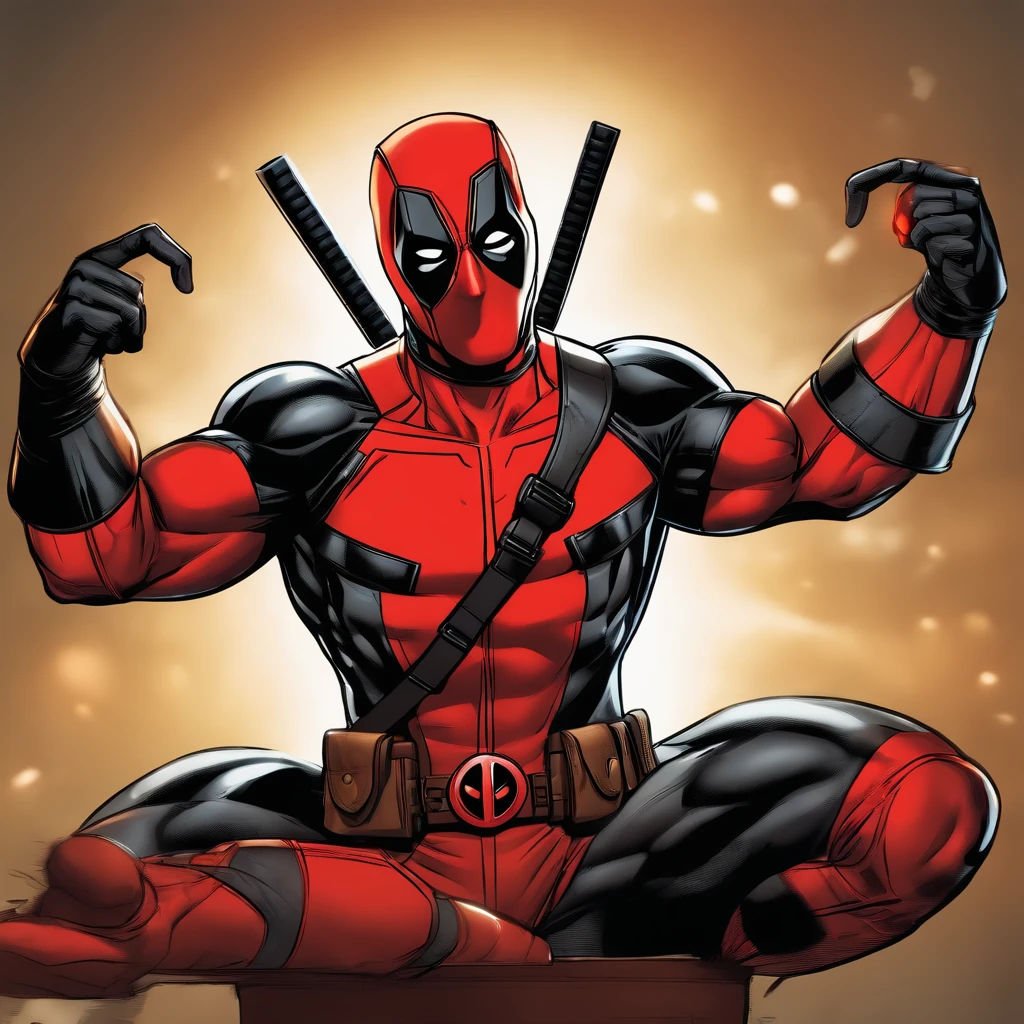 highres, realistic, Deadpool showing a heart shape with his hands, detailed eyes and face, red and black color scheme, action pose, vibrant colors, comic book style, dynamic lighting, detailed costume and muscles, sharp focus
