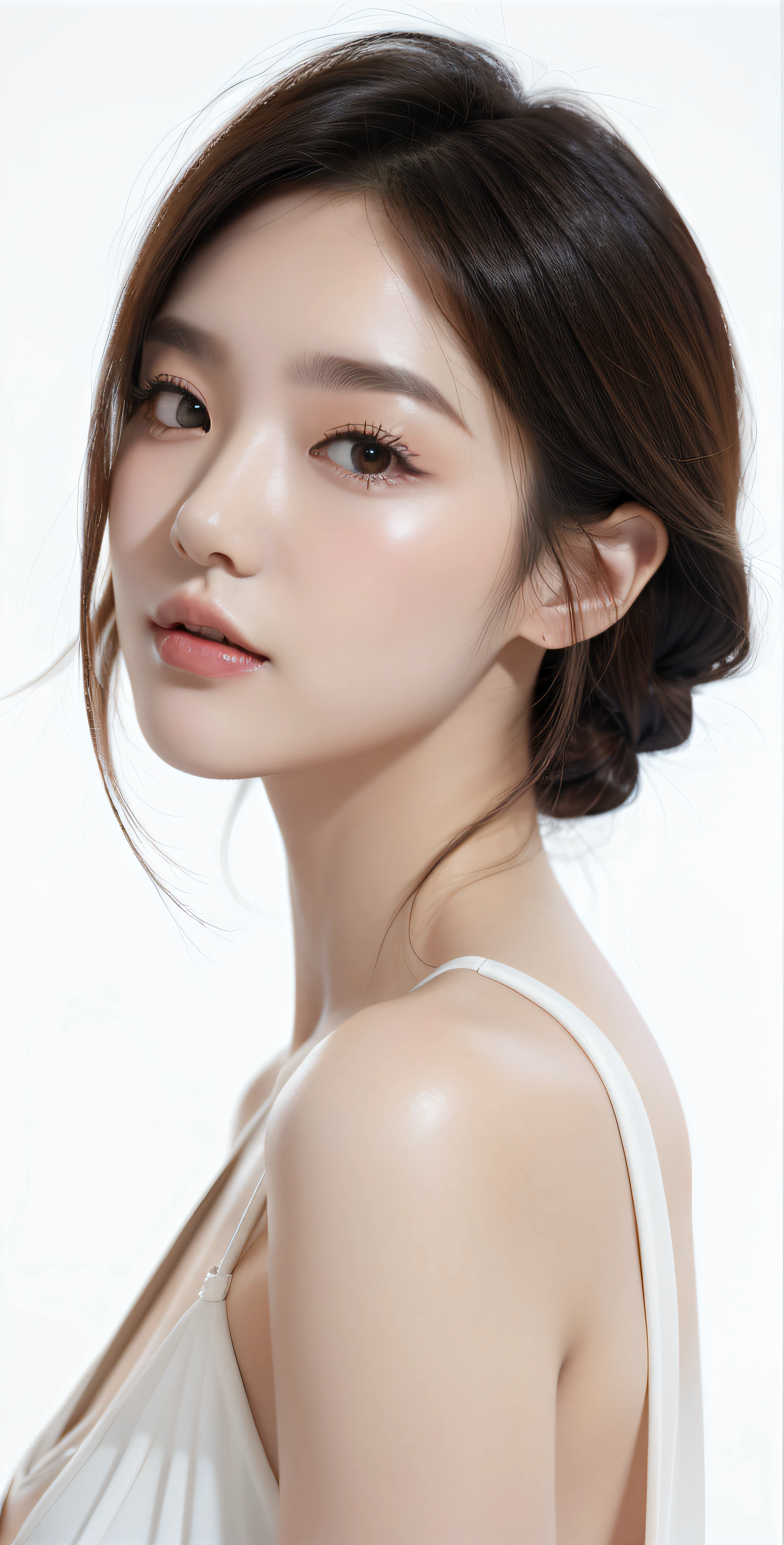 1 cute real photo of Korean star, Medium Length Hair, Fine hair, White skin, Light makeup,,wearing white clothes, Close-up portrait, Ultra HD,Street Frontage,forehead exposed,Full payment,University Teachers'Don't cover up the role,Modeling the face,glowing light,Side camera,,Youth and beauty,Don't cover your body,upper body,light color dress,White Dress,