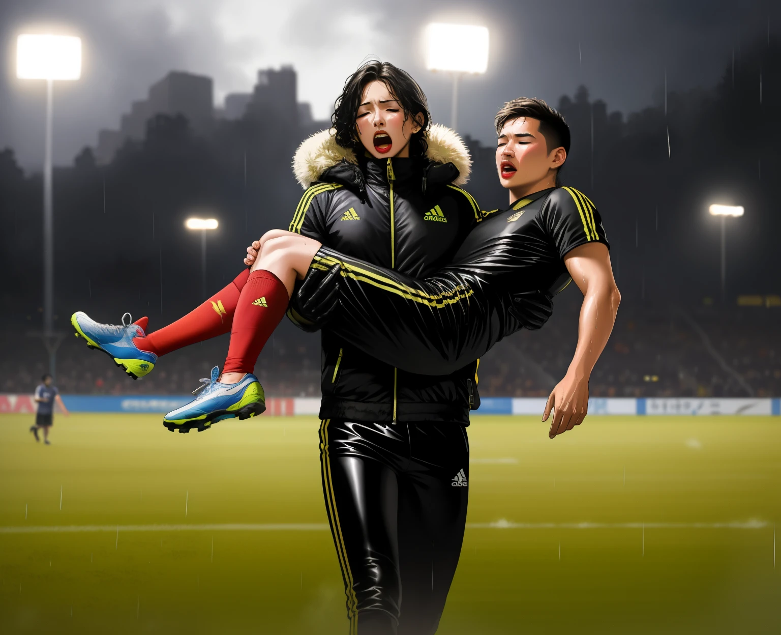 a shouting chinese womanl in a laquered and very shiny quilted coat carries a man, a chinese woman carries a male soccer player, a chinese woman carries a male soccer player in her arms, rainy weather, rainfall, humid, girl carries guy, lift and carry, an excessively madeup chinese woman in a high-shine wet black latex downcoat, a soccer scene, very matte cotton soccer sportswear on a well shaped male body, a soccer injury, first aid carry at a soccer match, a young madeup latino-girl in a shiny black vinyl downjacket, a madeup latino-girl in a shiny plastic-downcoat, a very sad and desperately crying latino-girl, an intensely madeup latino-girl in a glossy black vinyl-downcoat, latino-girl with lipstick, latino-girl with smoky eyes, dramatic action pose, woman that is carrying a skinny shorthaired man, there is a beautiful woman in a shiny coat who is carrying a shorthaired blond man in her arms, a longhaired beautiful woman in a high-shine black puffy coat, a longhaired woman in a shiny downcoat, a woman is carrying a shorthaired man who is wearing black shorts, a weak shorthaired man in black shorts is consciousless and needs to be carried, a shorthaired man with closed eyes is carried in the arms of a longhaired latino-woman, a latino-woman looks very scared and terrified, a consciousless shorthaired man with closed eyes is suffering very much and has a very painful face, photo, photo shoot, photographed, arafed man being carried by a woman, very realistic, very very realistic, hyper-realistic, hyper - realistic, hyper realistic, jacket over bare torso, very disturbing, very hyperrealistic, super realistic, hyperrealistic!, extremely realistic, very very very realistic, super-realistic realistic, super-realistictic!, extremely realistic, very very very realistic, super-realistic realistic, super-realistic