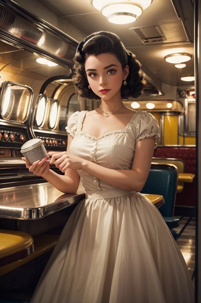 1girl dressed in a 1950s-inspired dress, complete with a full skirt and petticoat, her hair styled in classic pin curls. She should be seated at an old-fashioned diner, surrounded by vintage details like a jukebox, chrome accents, and neon signs. Her eyes should be sparkling with excitement, her skin flawless and glowing under the soft, dramatic lighting. This scene should be captured on 35mm film, with a beautiful depth of field and a slightly blurry, nostalgic background,, filmg,
