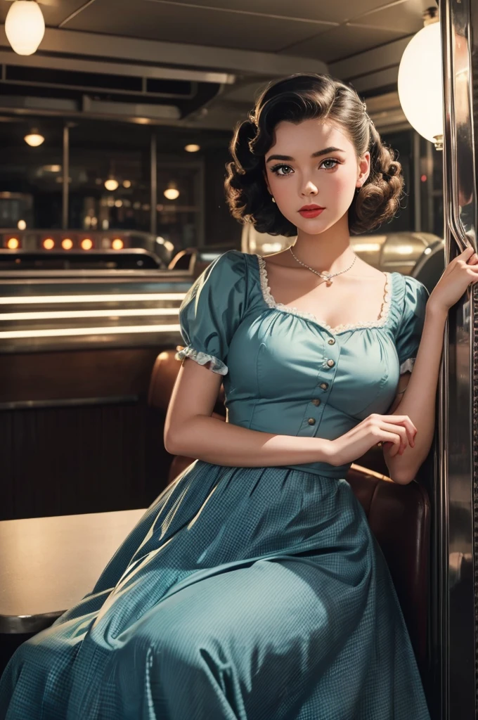 1girl dressed in a 1950s-inspired dress, complete with a full skirt and petticoat, her hair styled in classic pin curls. She should be seated at an old-fashioned diner, surrounded by vintage details like a jukebox, chrome accents, and neon signs. Her eyes should be sparkling with excitement, her skin flawless and glowing under the soft, dramatic lighting. This scene should be captured on 35mm film, with a beautiful depth of field and a slightly blurry, nostalgic background,, filmg,