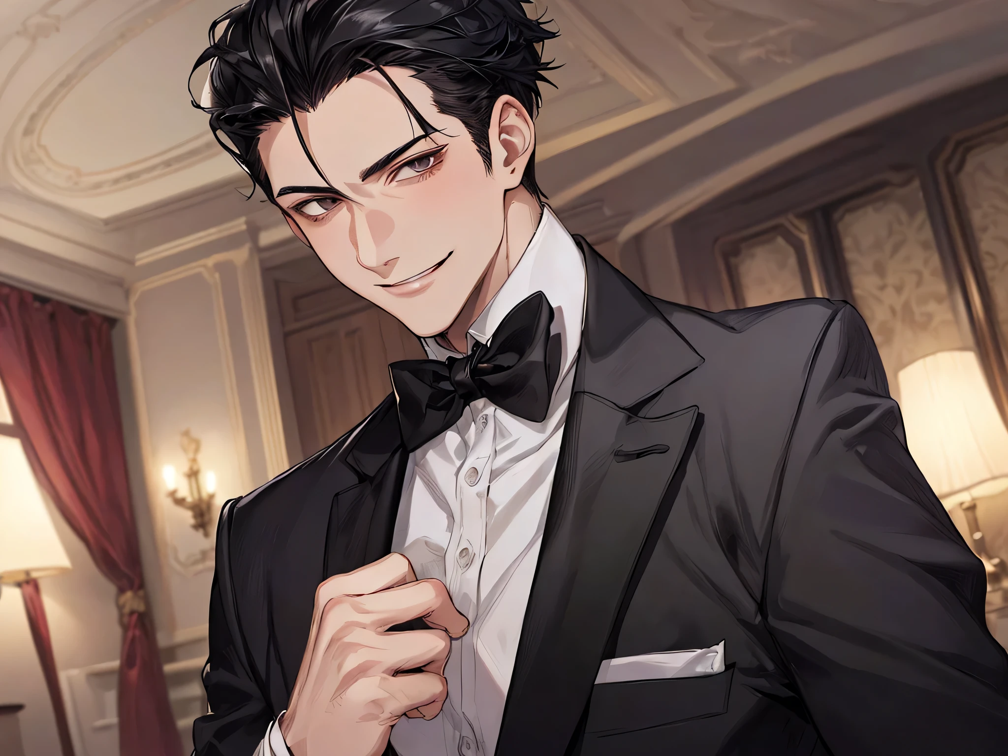 Dynamic Angle,Butler.,one person,(solo)30th Generation,male,Black-haired,Short Hair,Upper Body,Black suit,hair slicked back,,A bow tie,Face close-up,Horny,Smiling yandere atmosphere,Hotel room bed、night