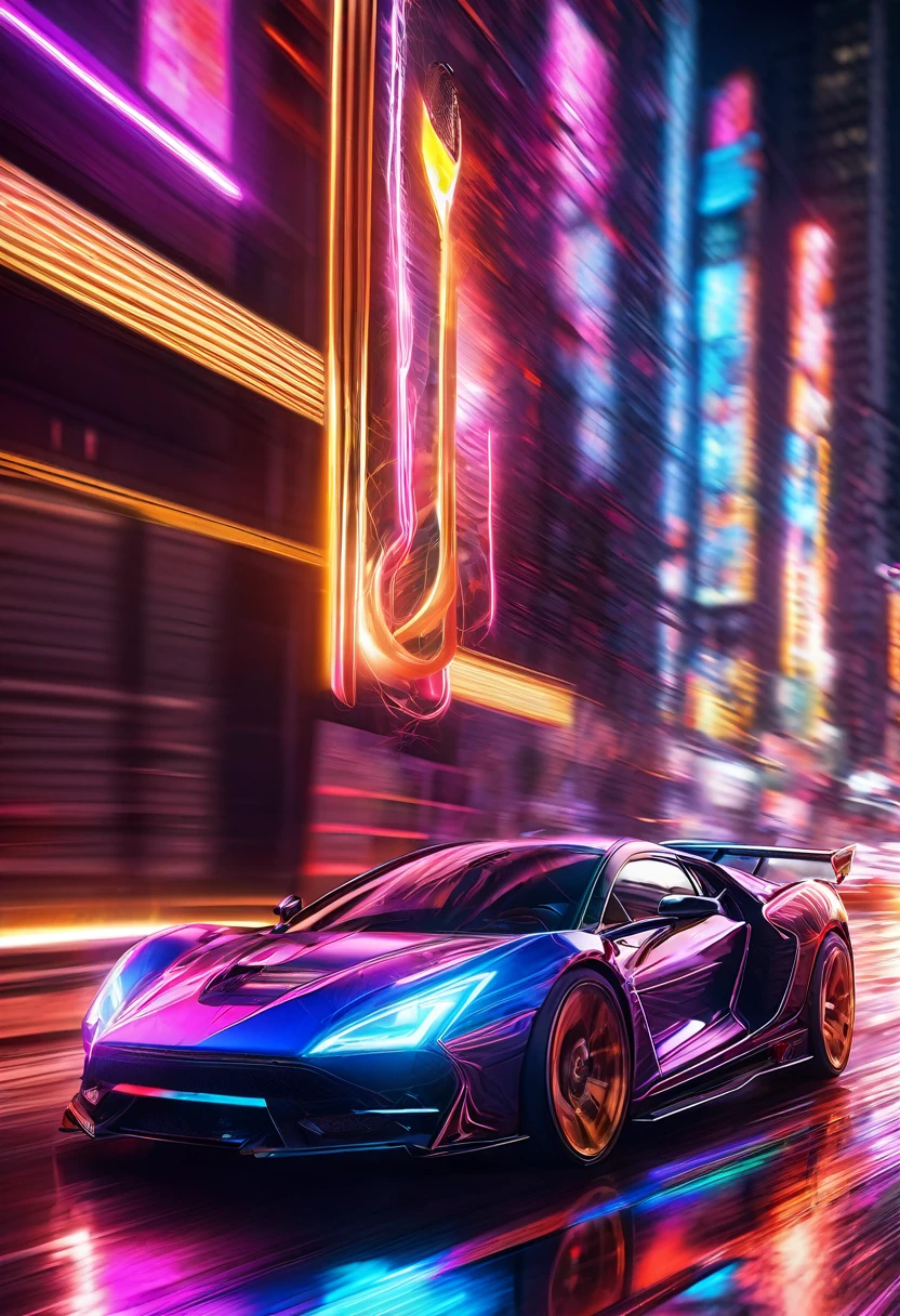 (Motion Blur:1.5), speeding time lapse lightning flash neon car race detailed, detailed matte painting, deep color, fantastical, intricate detail, splash screen, complementary colors, fantasy concept art, 8k resolution trending on Artstation Unreal Engine 5