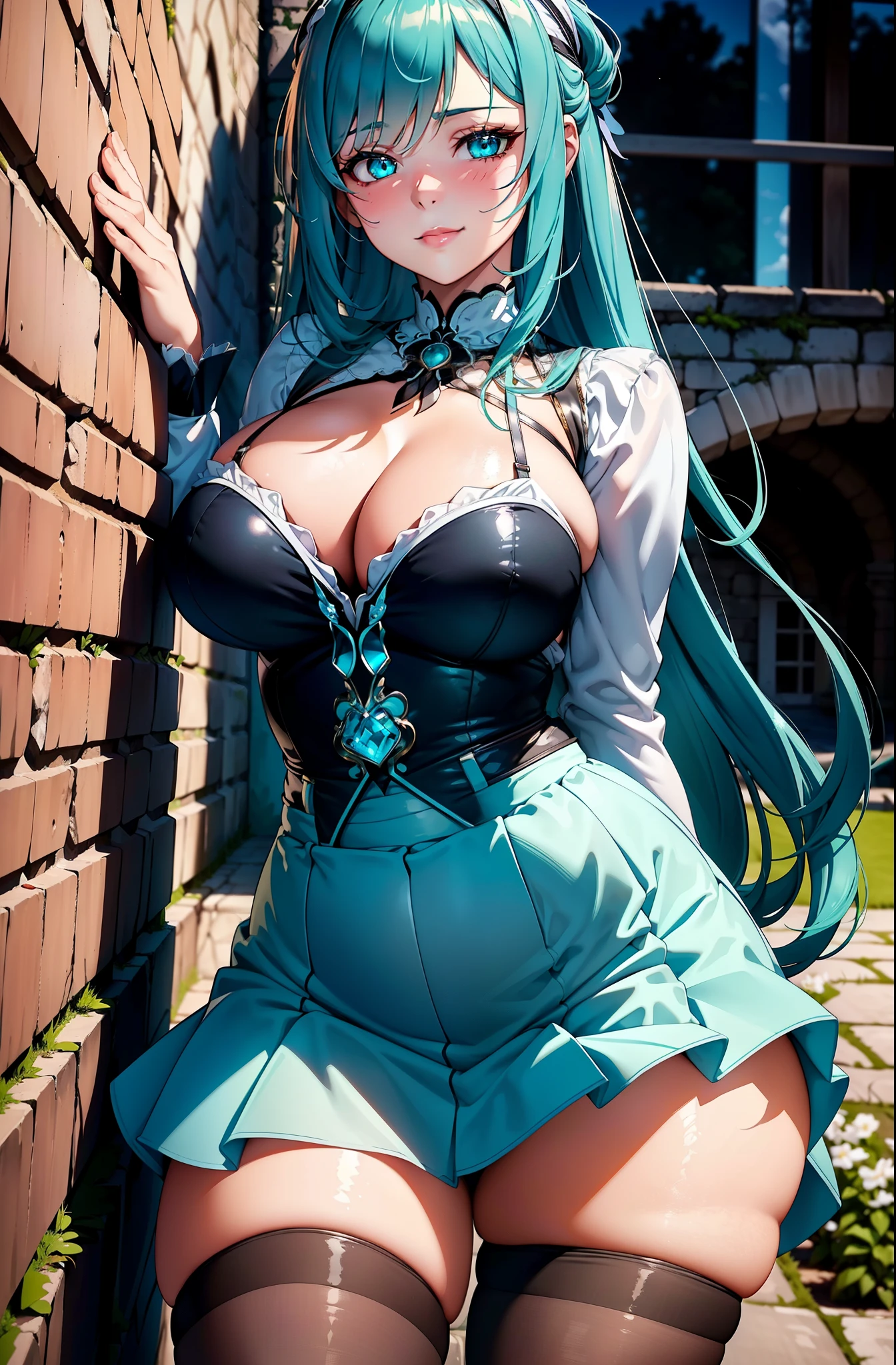 (Best quality), (masterpiece), (ultra detail), A cute human girl with fairy wings, highly detailed face, indifferent facial expression, teal crystal eyes, turquoise hair, full body, in the country side castle in England like , absurdres, highres, highly detailed, (official art, beautiful and aesthetic:1.2), ultra detail, beautiful face, ((mature female)), black hairband, hair ornament, hairband, blushing, loving smile, wide , thicc thighs, ((cleavage)), ((long sleeve white blouse)) with ((high waist skirt)), suspenders, ((black stockings)), (( pose)), (apartment balcony), dynamic lighting, dynamic shadows, ((proportional body)), ((leaning ))
