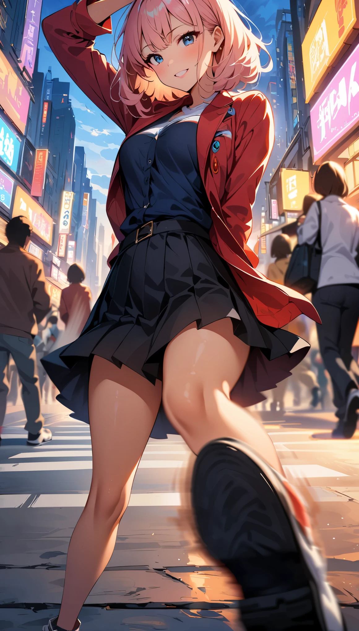 (high quality, 8k, 4K, High Contrast, masterpiece:1.2, 最high quality, Best aesthetics), Shibuya scramble crossing、Vibrant city lights、1 Female, focus on women, Light pink lips, Calm, smile, Facial details, Eye details, Intense dancing, Dance action pose, (((Motion Blur Effect:1.6))), atmosphere of tokyo、Busy street scene、Neon Signs、Vibrant atmosphere、Fast-paced movement、((Motion blur on pedestrians in background:1.2)), An iconic Shibuya landmark、Modern cityscape、Architectural diversity、Crowded sidewalks、Rush hour traffic、Urban energy、Bright colors、Dynamic configuration、Atmospheric perspective、Dramatic lighting, 