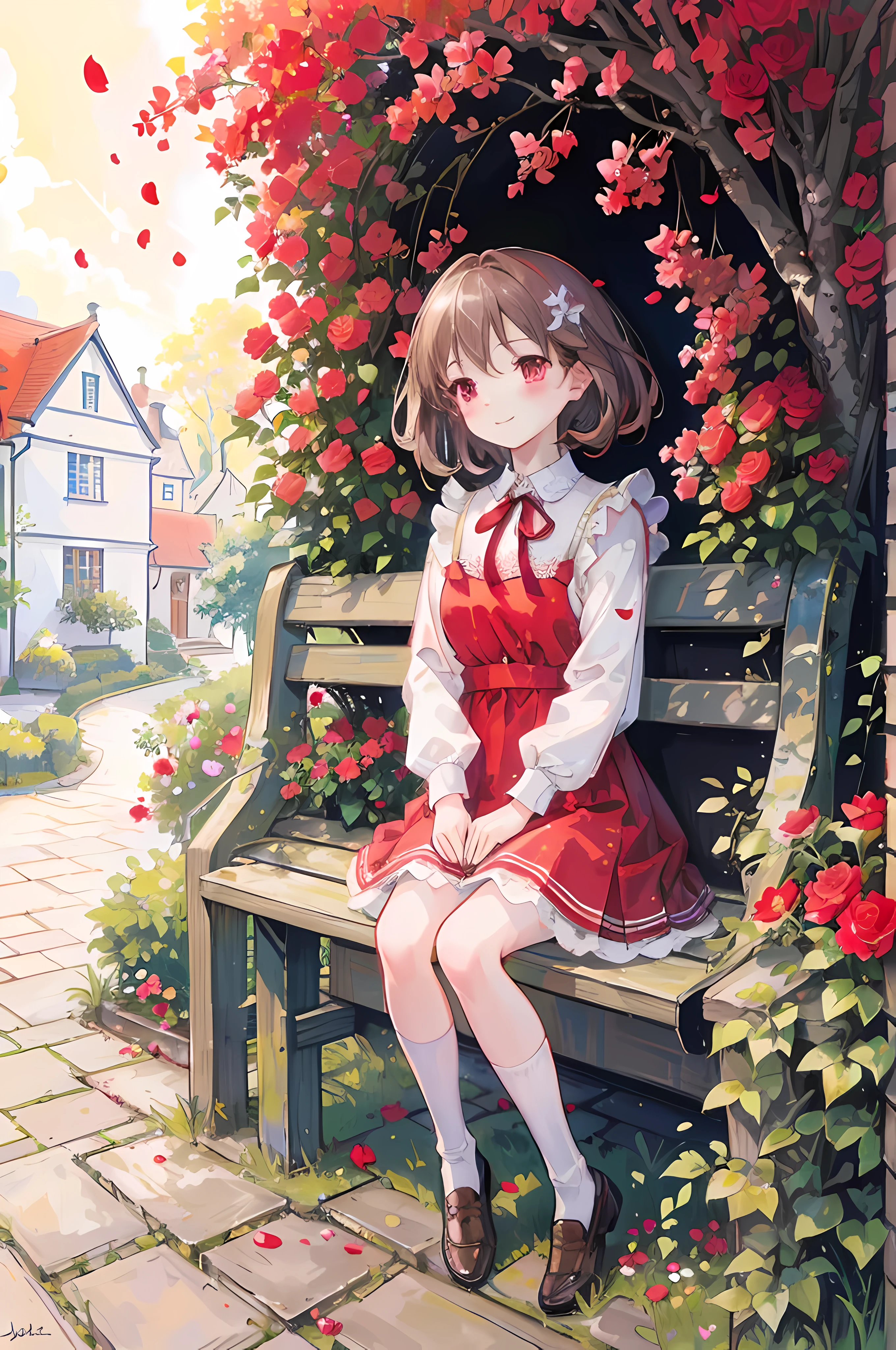 masterpiece, highest quality, masterpiece, highest quality, East,(((Flanders Scarlet))),highest quality,Sitting on a bench,in the garden,View your viewers,(Bright red eyes),(((Cute girl looking very happy))),Brown shoes,White lace-trimmed socks,Sunlight shines through the leaves,Surrounded by roses,Petals floating in the air