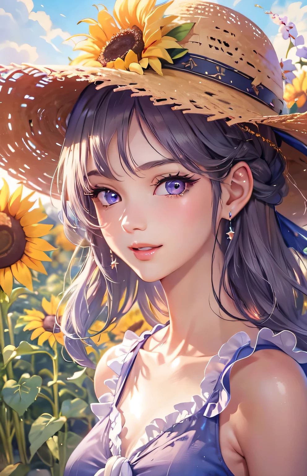 masterpiece、highest quality、High resolution、High-quality images、8k, 1 female、Skin Radiance、Texture of skin and clothing、Expression of fine eyes、Shiny black hair,Girl with long braided hair, Manga inspired by Lee Jong-suk, Trending on deviantart, realism, detailed manga style, Manga art style, Perfect Line Drawing, Beautiful line art, digital manga art girl, K-POPアイドル, one piece,Large Breasts,beautiful purple eyes, Fuller lips, Gorgeous face with attention to detail, (Cute Smile), charm, Innocent, Side view, (Perfectly detailed face), (Beautiful Hands) photorealistic images, Written boundary depth, Princess Hairstyles, sunflower， Straw hat,one piece,wonderful flower garden，Beautiful sunflower，Romanticism,