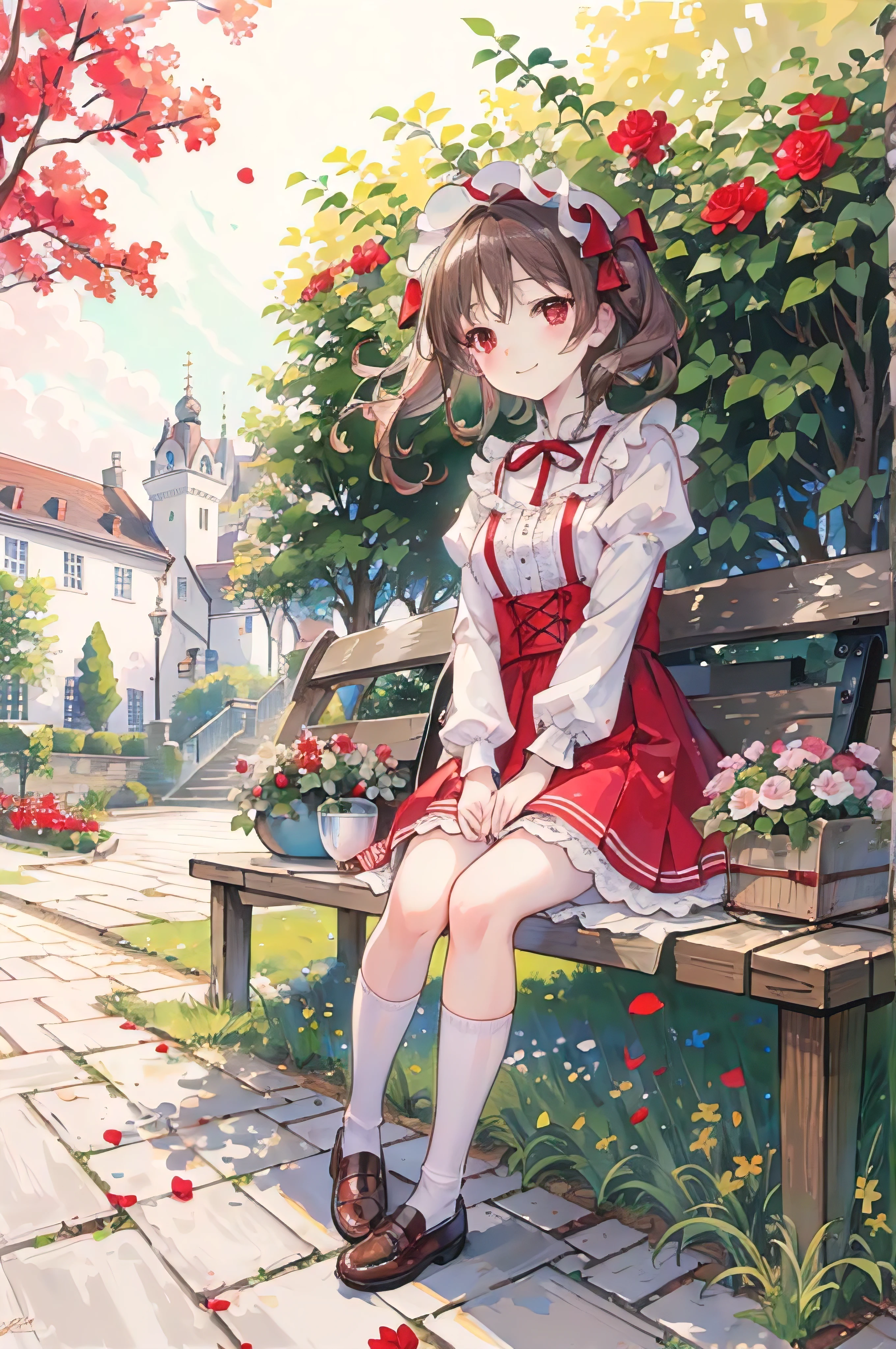 masterpiece, highest quality, masterpiece, highest quality, East,(((Flanders Scarlet))),highest quality,Sitting on a bench,in the garden,View your viewers,(Bright red eyes),(((Cute girl looking very happy))),Brown shoes,White lace-trimmed socks,Sunlight shines through the leaves,Surrounded by roses,Petals floating in the air