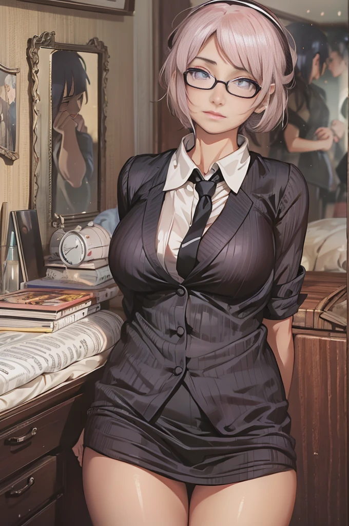 Sweet expression, kneeling, hands between legs, white glasses, white short hair, (8k, RAW photo, photorealistic:1.25) ,( lip gloss, eyelashes, glossy face, glossy skin, best quality, Super high resolution, depth of field, chromatic aberration, caustics, wide light, natural shadows, Kpop idol) looking at viewer with serenity and goddess-like bliss, full body, big breasts, white underwear, black stockings, see-through shirt, white shirt, secretary