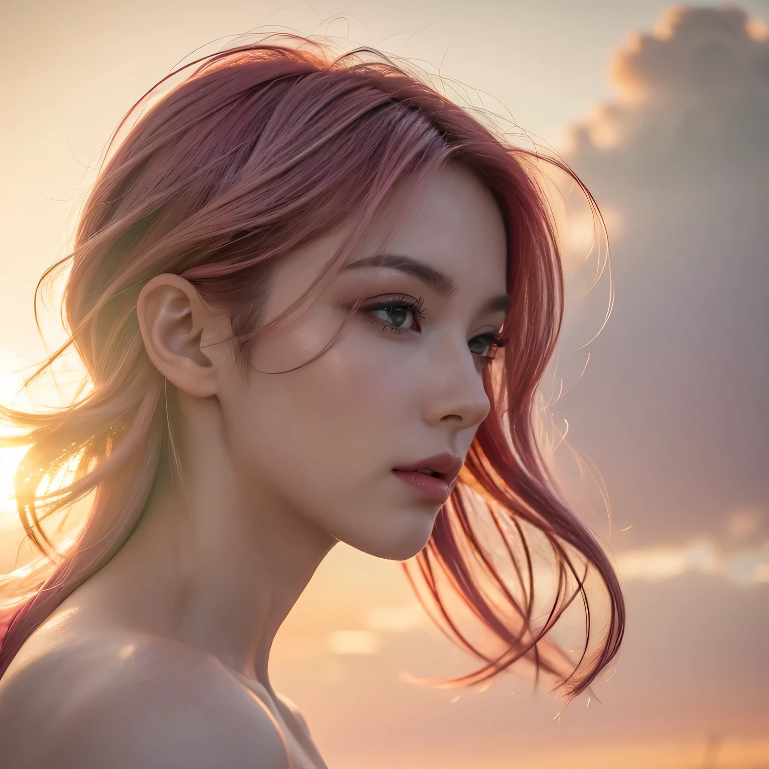 woman, white skin, brown eyes, red curly hair,wearing a thin strap top,in a field of flowers with sunlight and lots of nature behind.