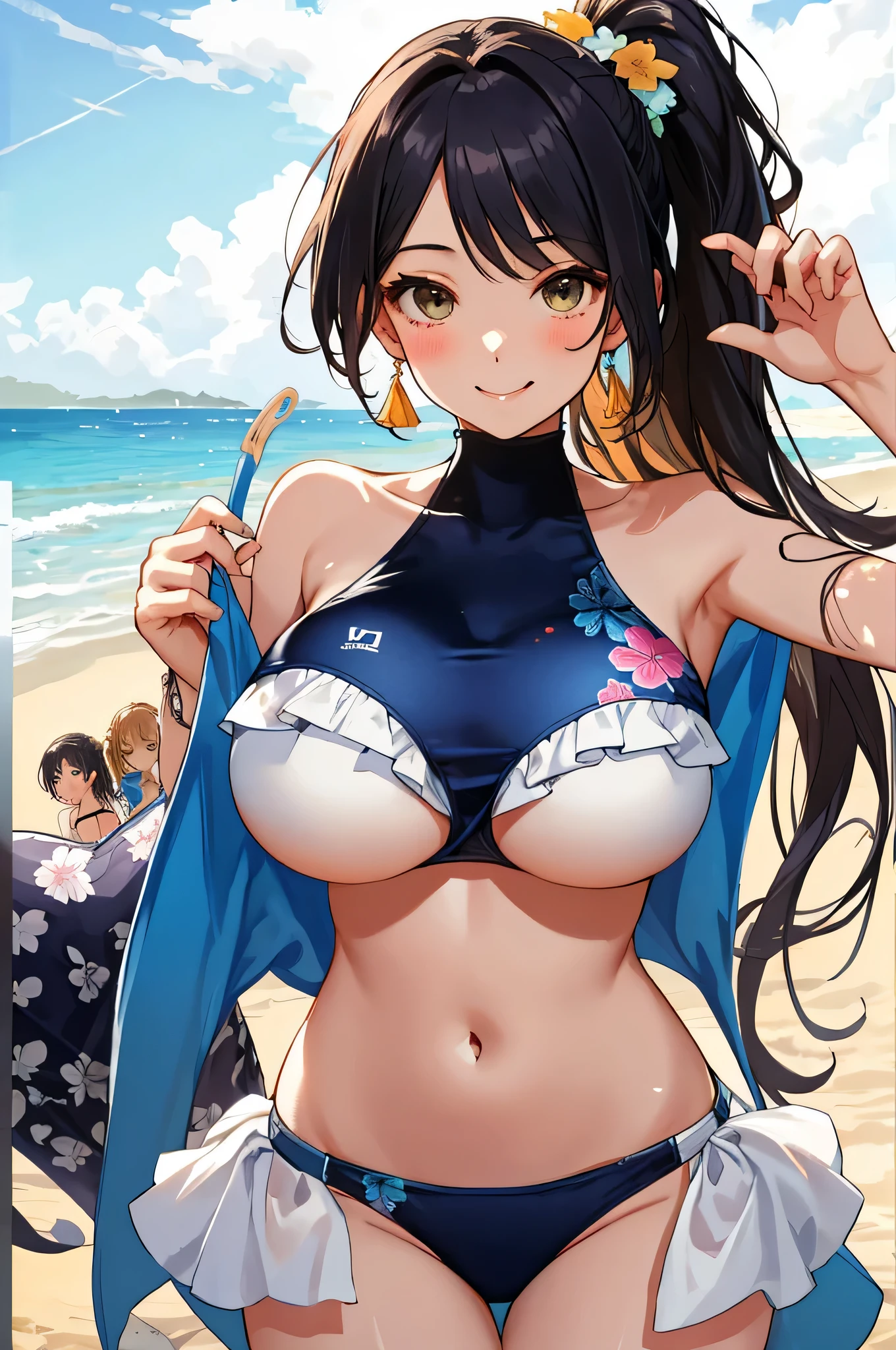 (highest quality:1.4)、(High resolution)、Detailed Background、(Detailed beautiful face:1.4)、Beautiful face in every detail、Anatomically correct、(Depict the normal number of fingers:1.2)、Beautiful fingers、Realistic、Beautiful age girl、(Three Women)、(Huge breasts:1.3)、
Bright inner hair color、Braided Ponytail、Braided long hair、Perfect body line、Attractive thighs、Show off your attractive armpits、sunny day、Looks like a fun atmosphere、Cowboy Shot、
(Three beautiful girls swimming on the beach:1.5)、
playfully splashing water on each other、Excited expression、smile、Laughing with your mouth open、sexual expression、Wet swimsuit、Wet swimsuitが光る、My whole body is wet、My hair is wet too、(Underboob:1.3)、
A one-piece swimsuit with a skirt gives off a feminine and cute look.、
Colorful designs such as floral and fruit patterns are popular.、
Some skirts are decorated with frills or lace.、
Some come with straps or ribbons, or have animal prints or character designs.、
There are many cute designs of bikini style swimsuits.、
The combination of tops with frills or character prints and bottoms with colorful patterns is popular.、
A tankini is a style of swimwear that combines a bikini top and shorts.、
It can hide your stomach, so you can wear it with confidence even if you are not confident in your girl's body shape.、cute