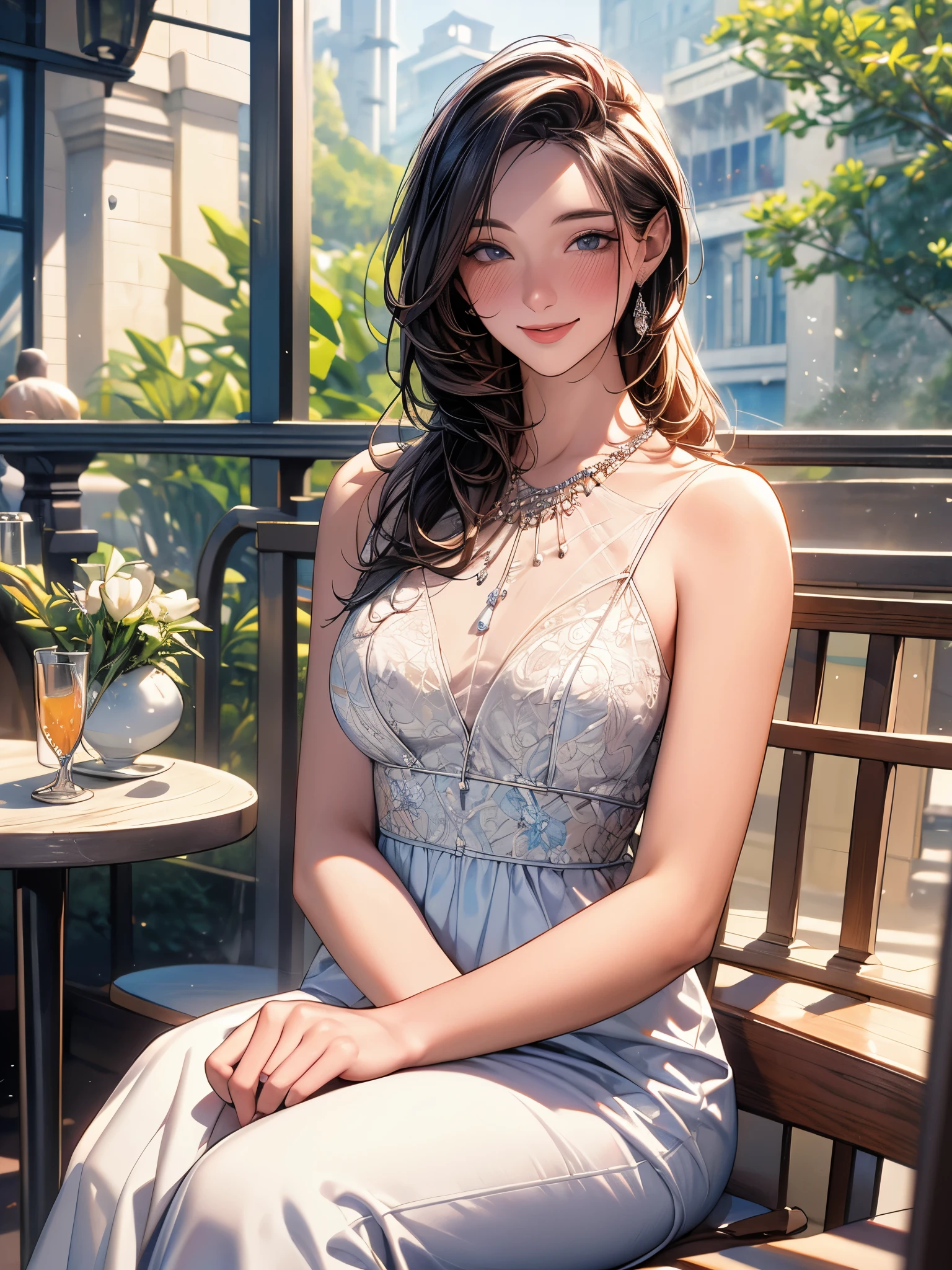 (Higher resolution, clearly_image) best quality, A woman, masterpiece, Very detailed, Semi-realistic, 26 years old, fair, young, Handsome, White and blue staggered dress, Small gemstone necklace around neck, External, Cafe Seating, window, sitting, afternoon, blush, Smile
