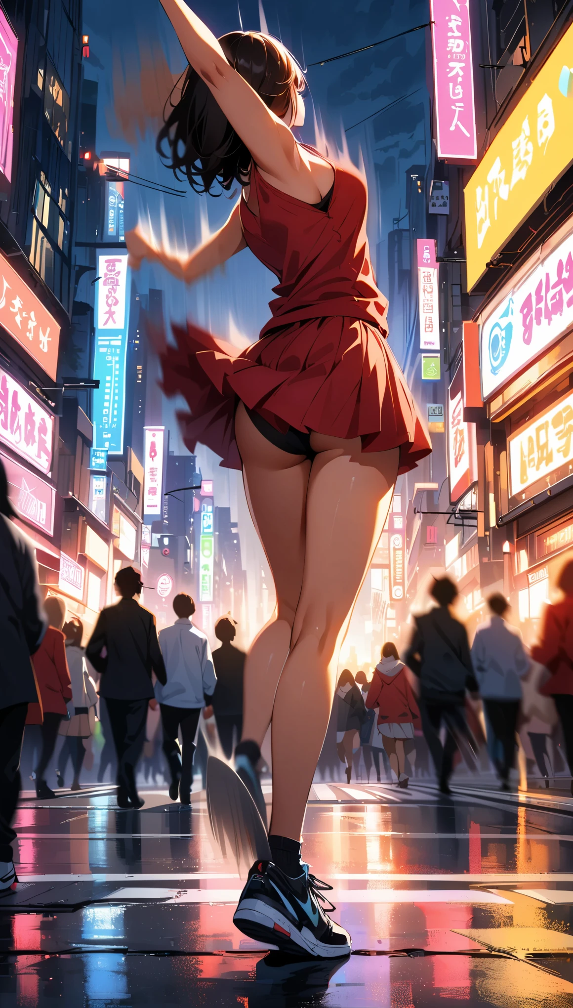 (high quality, 8k, 4K, High Contrast, masterpiece:1.2, 最high quality, Best aesthetics), Shibuya scramble crossing、Vibrant city lights、1 Female, focus on women, Intense dancing、Dance action pose, Backwards, (((Motion Blur Effect:1.6)))、atmosphere of tokyo、Busy street scene、Neon Signs、Vibrant atmosphere、Fast-paced movement、((Motion blur on pedestrians in background:1.2)), An iconic Shibuya landmark、Modern cityscape、Architectural diversity、Crowded sidewalks、Rush hour traffic、Urban energy、Bright colors、Dynamic configuration、Atmospheric perspective、Dramatic lighting