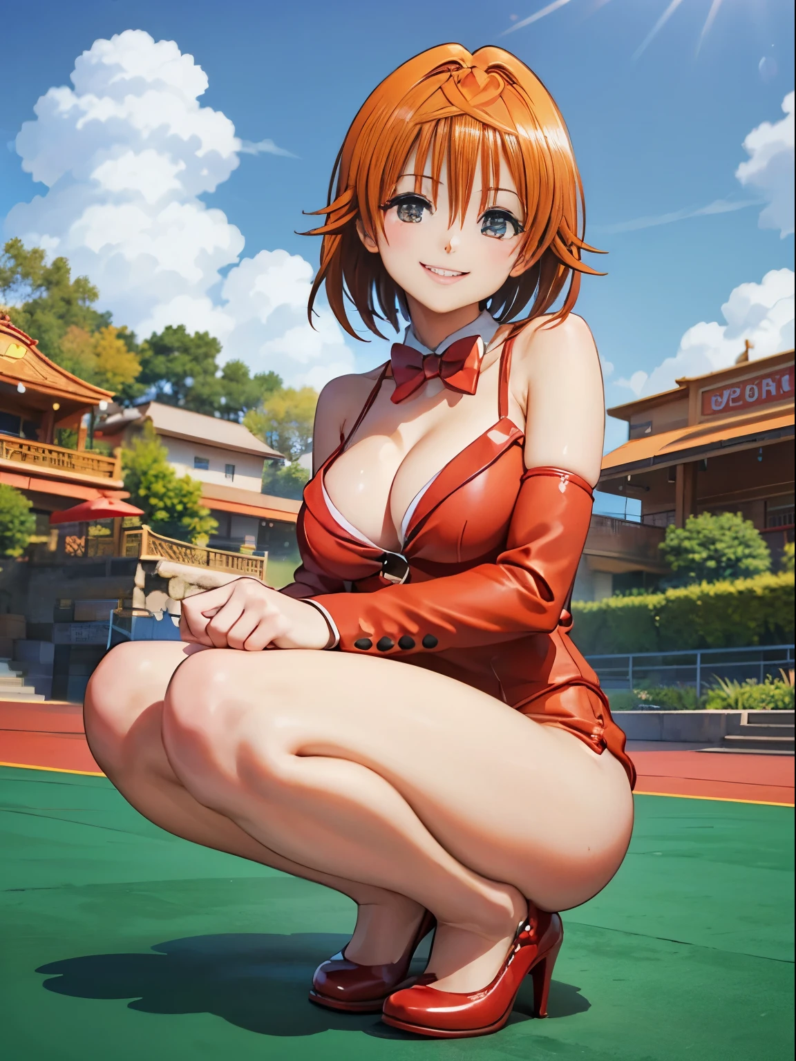 casino, smiling face, hand on heads, squatting legs , 40k, photography, masterpiece, best quality, (Riko), medium breastunny suit, red shoes), varied poses,