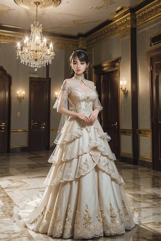 (Full body photos of Chinese girls,Wearing a luxurious floral lace couture ball gown, Decorated with layers of tulle ruffles, sparkling rhinestones, and intricate lace and filigree patterns.. Delicate floral lace adds a touch of romance and elegance to the ensemble. Standing gracefully in an elegant castle, bathed in cinematic light,casts attractive shadows, she embodies elegance. Crystal chandeliers hang elegantly from the ornate ceiling, Illuminate the marble floor below. grand stairwell, Sophisticated design, Contributed to the splendor of the castle. Shot with Sony A7 IV camera using 80mm lens, The horizontal composition shows the girl’s plump figure and the splendor of high-end fashion,Wearing Haute_Haute couture designer gown