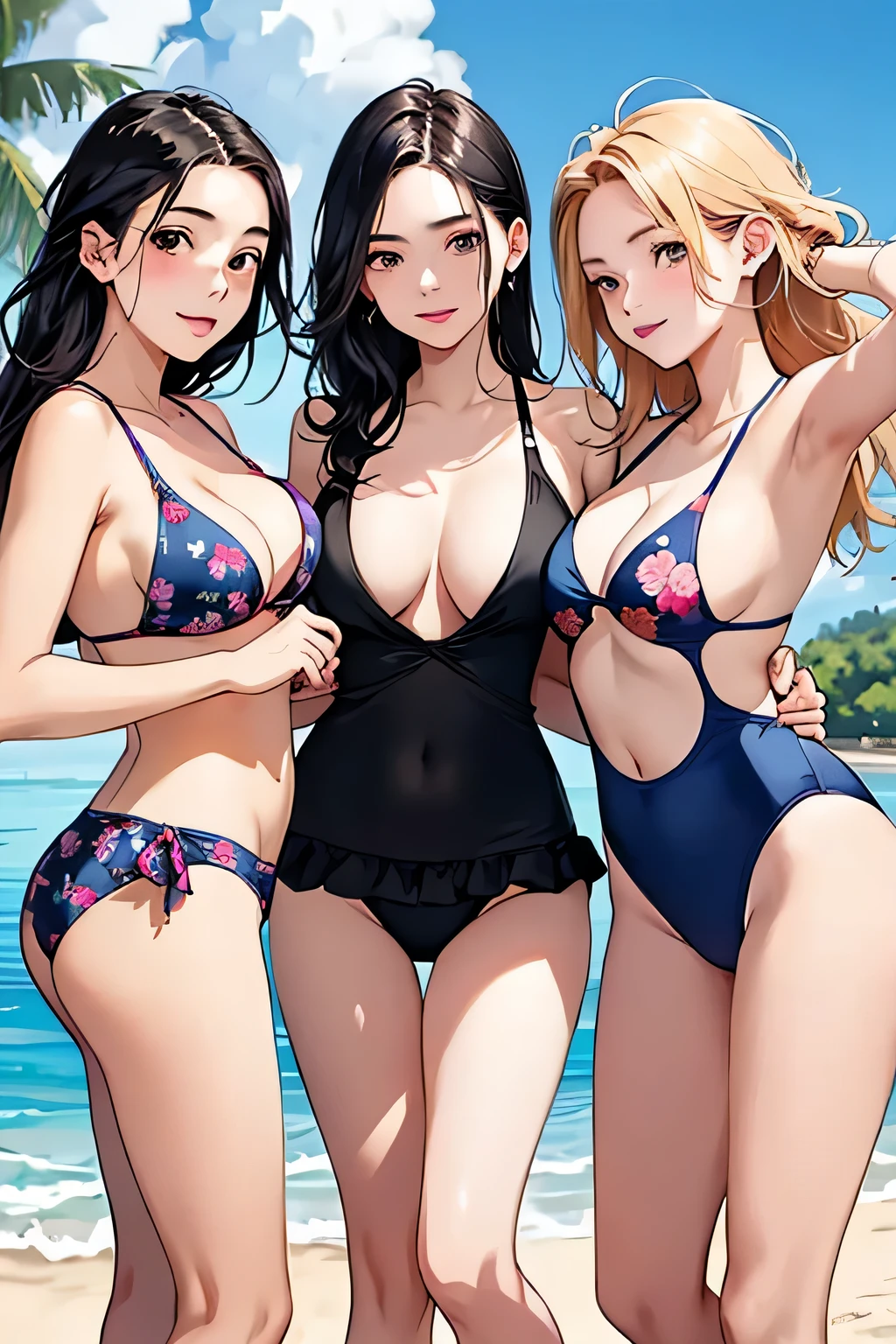 (highest quality:1.4)、(High resolution)、Detailed Background、(Detailed beautiful face:1.4)、Beautiful face in every detail、Anatomically correct、(Depict the normal number of fingers:1.2)、Beautiful fingers、Realistic、Beautiful  girl、(Three Women)、(Huge breasts:1.3)、

Bright inner hair color、Braided Ponytail、Braided long hair、Perfect body line、Attractive thighs、Show off your attractive armpits、sunny day、Looks like a fun atmosphere、Cowboy Shot、

(Three beautiful girls swimming on the beach:1.5)、
playfully splashing water on each other、Excited expression、smile、Laughing with your mouth open、sexual expression、Wet swimsuit、Wet swimsuitが光る、My whole body is wet、My hair is wet too、(Underboob:1.3)、

A one-piece swimsuit with a skirt gives off a feminine and cute look.、
Colorful designs such as floral and fruit patterns are popular.、
Some skirts are decorated with frills or lace.、
Some come with straps or ribbons, or have animal prints or character designs.、
There are many cute designs of bikini style swimsuits.、
The combination of tops with frills or character prints and bottoms with colorful patterns is popular.、
A tankini is a style of swimwear that combines a bikini top and shorts.、
It can hide your stomach, so you can wear it with confidence even if you are not confident in your girl&#39;s body shape.、cute