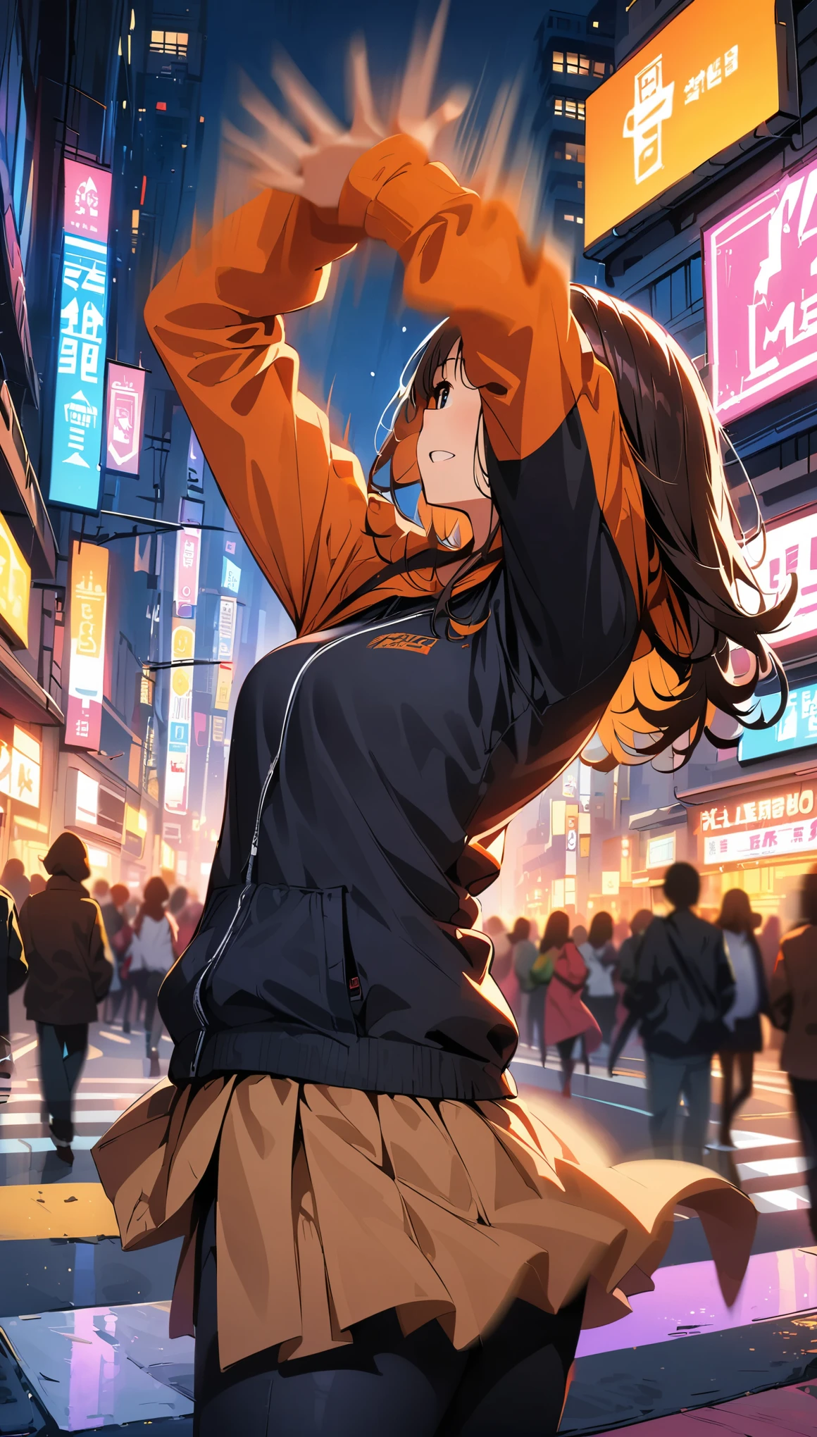 (high quality, 8k, 4K, High Contrast, masterpiece:1.2, 最high quality, Best aesthetics), Shibuya scramble crossing、Vibrant city lights、1 Female, focus on women, Intense dancing、Dance action pose, Backwards, (((Motion Blur Effect:1.6)))、atmosphere of tokyo、Busy street scene、Neon Signs、Vibrant atmosphere、Fast-paced movement、((Motion blur on pedestrians in background:1.2)), An iconic Shibuya landmark、Modern cityscape、Architectural diversity、Crowded sidewalks、Rush hour traffic、Urban energy、Bright colors、Dynamic configuration、Atmospheric perspective、Dramatic lighting