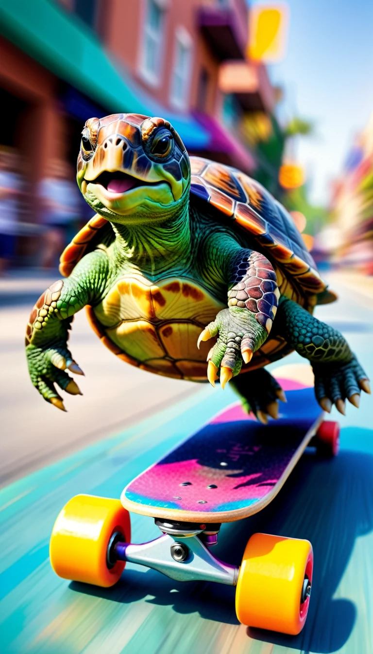 (realistic:1.2),(abstract:1.1),(motion blur:1.3),(fast and crazy ride),(turtle on a skateboard),(motion blur background),(blur shows the speed at which the turtle on the skateboard moves),(vivid colors),(dynamic composition),(expressive brushstrokes)