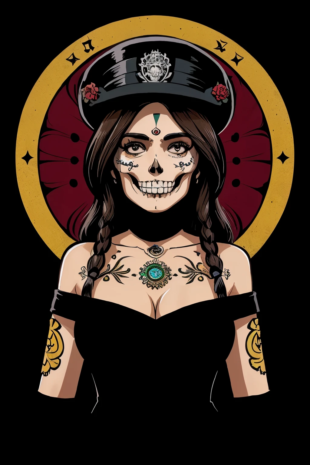 (comic style:1.3), (line art:1.5), (full body),(masterpiece, award winning, best quality:1.3), (solo), 1 beautiful Mexican woman (calavera, sugar skull makeup), casting a spell, black hair (updo) with flowers in hair, black eyes, wearing a black_blouse, red_pants, art by Jim lee, cinematic, masterpiece, , detailed background, detailed material textures, detailed face, realistic 1.35, muscular 1.2