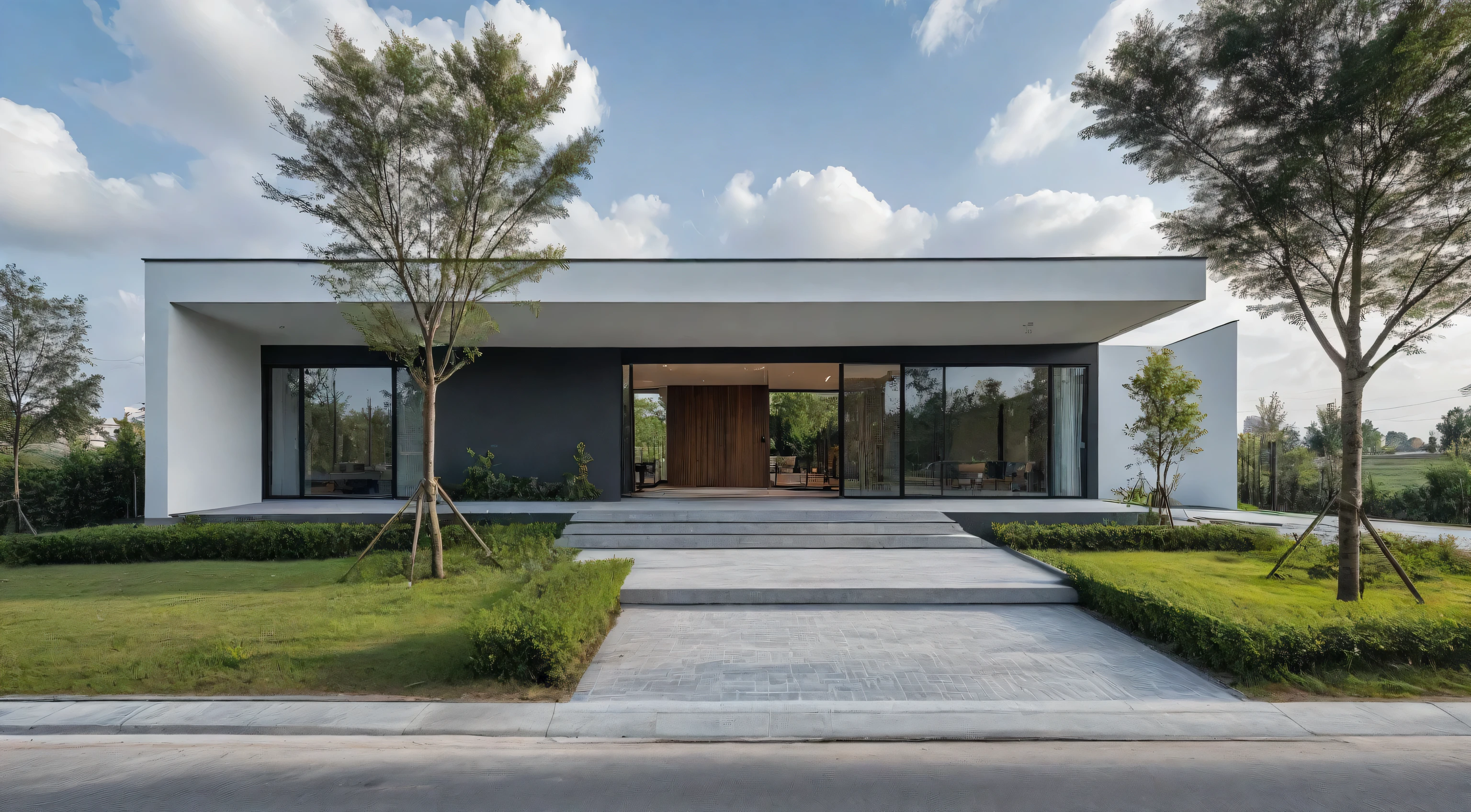 Raw photo,Masterpiece, high quality, best quality, authentic, super detail,
outdoors, onestoreyvillaXL, aiaigroup, house style modern on the street ,stairs, white wall
road,pavement, grass, trees, sky, cloud, (daylight:1.1)