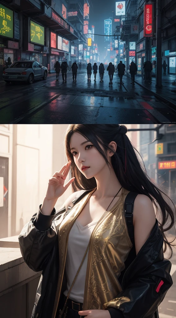 Cute Asian Cyberpunk Female Anime, Invisible cyberpunk hairstyle, Dynamic poses, elegant gesture, Vibrant colors, Concept art by Carne Griffiths and Wadim Kashin, Cyberpunk Background, abstract beauty, almost perfect, pure forms, Golden Ratio, Minimalism, concept art, Intricate details, 8k post production, high resolution, Super Detail, Popular on artstation, Sharp focus, Studio Photos, Intricate details, Very detailed, author:Greg Rutkowski