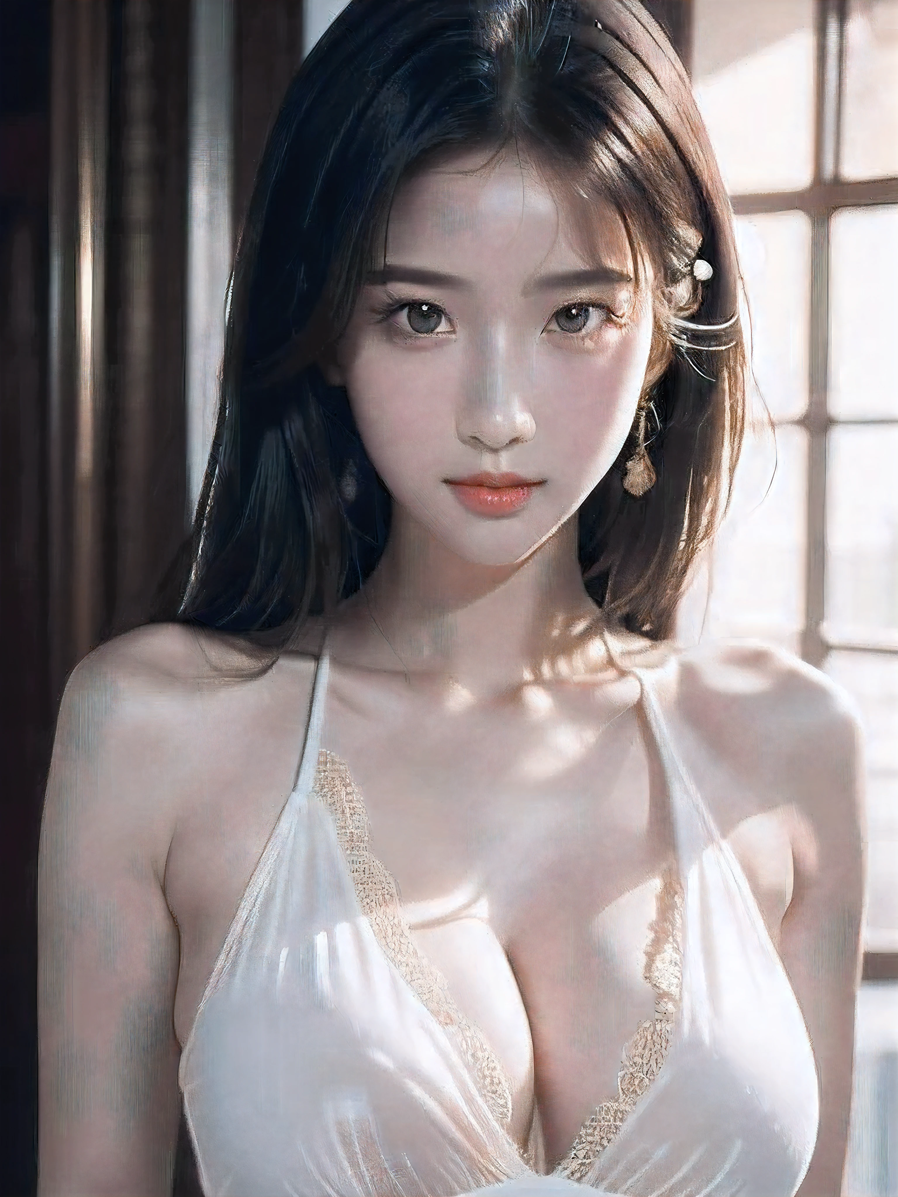 best quality, masterpiece, ultra high res, (photorealistic:1.4), RAW photo beauty Beautiful face Slender smile whole body halter neck lace teddy with peek-a-boocups beautiful legs
