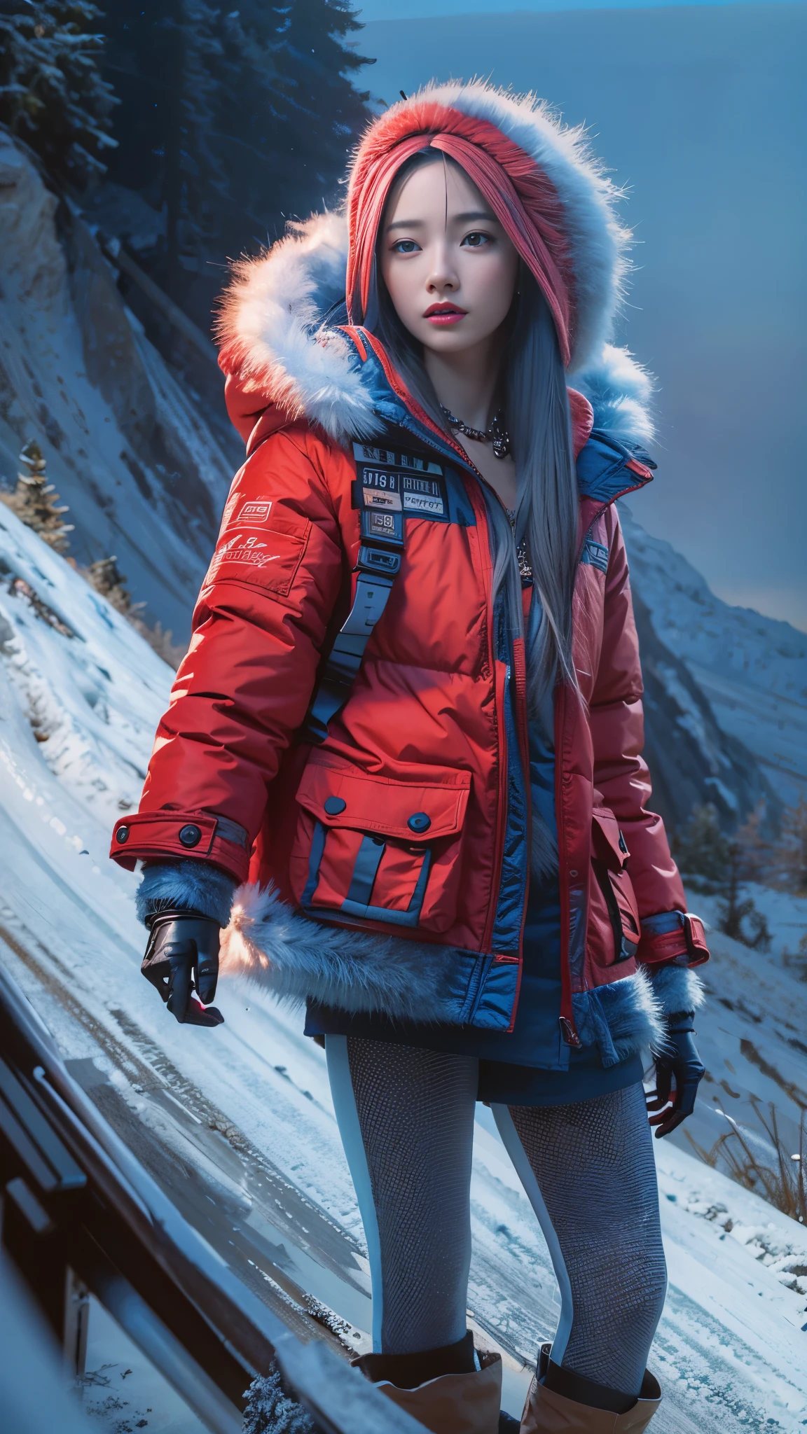1 girl,28 years old,(beautiful girl),fur-trimmed hooded jacket,Red down jacket,hands and feet,long blue hair,train,orbiting, snowfield, Sunset,(Super real), (masterpiece),((Super detailed)), (Highly detailed),(Least expressive quality:1.2), High quality texture, intricate details, Detailed texture, High quality shadows, light, depth of field, Light source contrast,8k,Award-winning works,