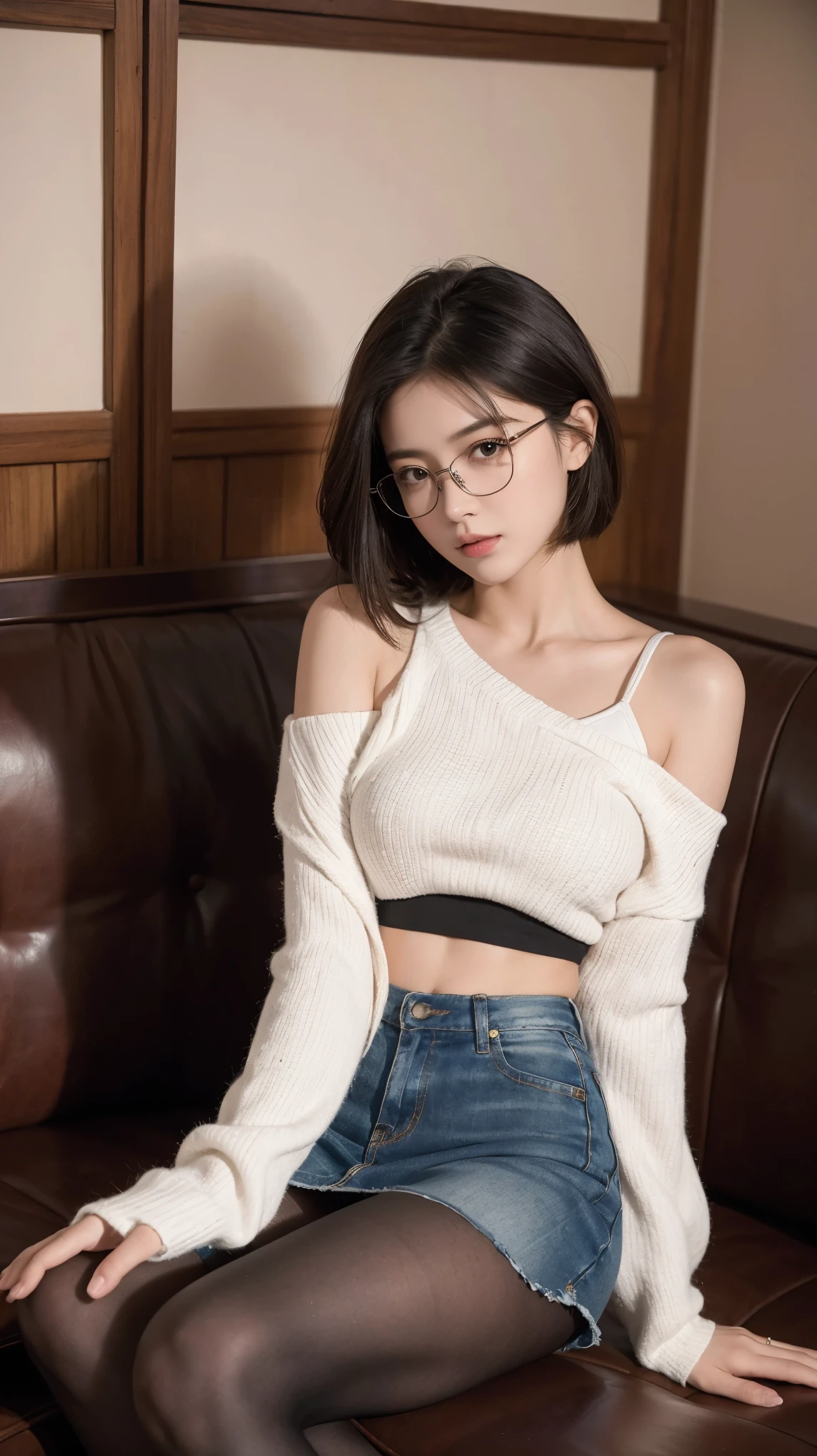 ((best quality)), ((masterpiece)), (detailed), (photorealistic:1.4), best quality, masterpiece, ultra high res, 1girl, (detailed face:1.2), (detailed eyes:1.2), (detailed hair:1.2), (detailed clothes:1.2), 4k, (detailed color:1.2), perfect face, beautiful body, pretty face, ager female, perfect body, Ultra-high detail, Photorealism, Intimate atmosphere, flowing light, black short hair, short hair, glasses, big breast, crop top, braless, pantyhose, mini skirt, at the library, sit on the couch