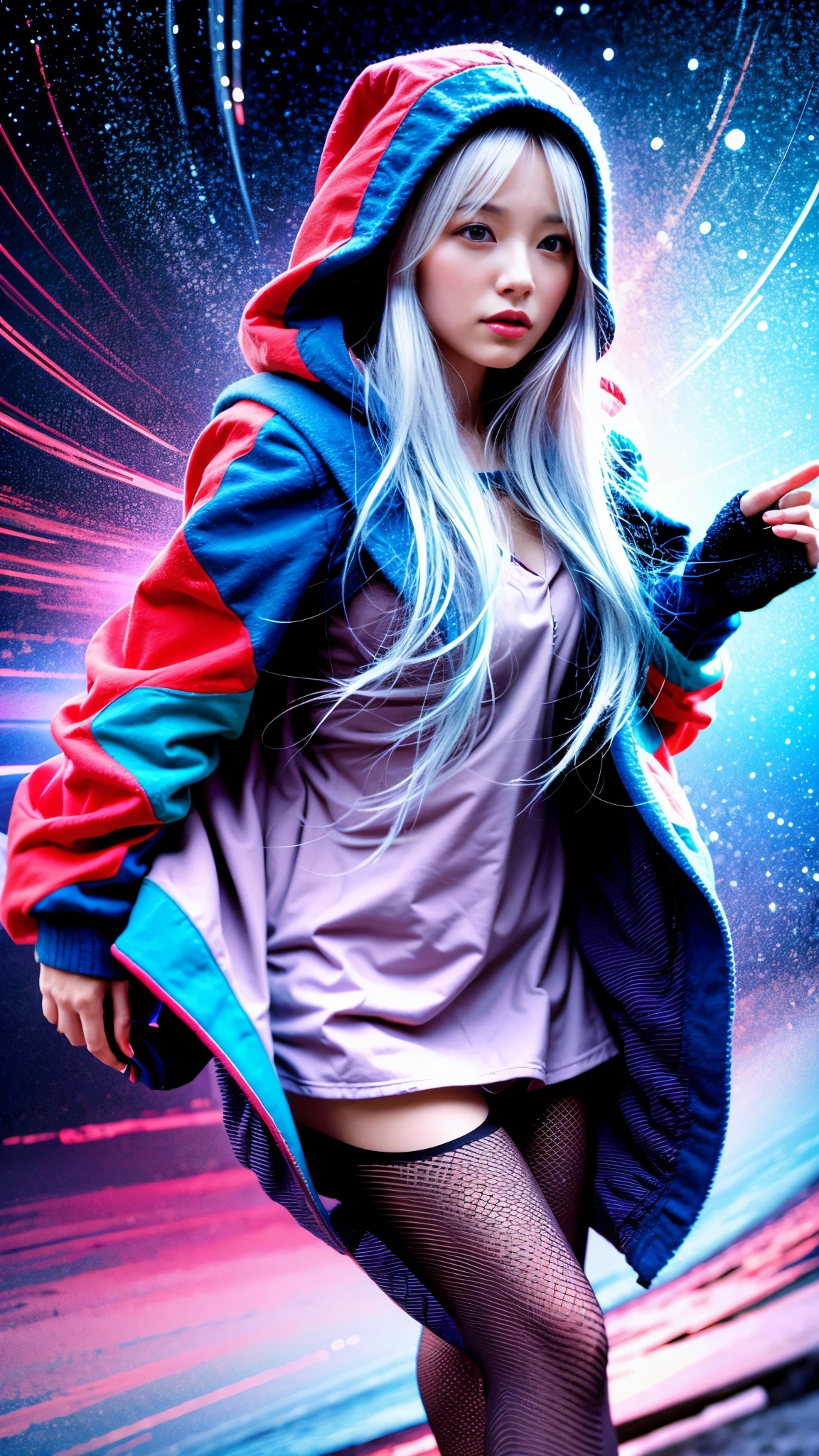 1 girl，28 years old，(beautiful girl)，fur-trimmed hooded jacket，Red down jacket，hands and feet，long blue hair，train,orbiting， snowfield, Sunset,(Super real)， (masterpiece),((Super detailed)), (Highly detailed),(Least expressive quality:1.2), High quality texture, intricate details, Detailed texture, High quality shadows, light, depth of field, Light source contrast，8k，Award-winning works，