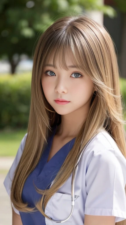 (Medium Chest)、Sexy cute looks and cute 15 year old beautiful girl, Beautiful and sexy face、A strong wind blows my hair in front of my face、Beautiful blonde with cute long straight hair, Sexy eyes hidden behind long bangs,slightly dark skin, height: 156cm,troubled eyes,((Slightly droopy eyes)),(((whole body))),((nurse)),(nurse uniform)