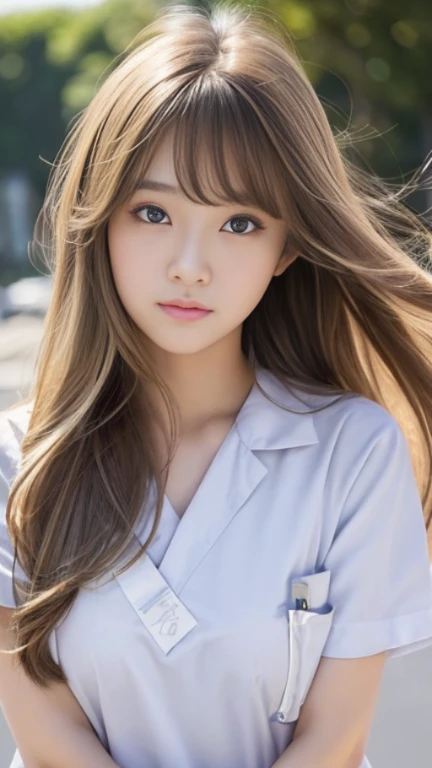 (Medium Chest)、Sexy cute looks and cute 15 year old beautiful girl, Beautiful and sexy face、A strong wind blows my hair in front of my face、Beautiful blonde with cute long straight hair, Sexy eyes hidden behind long bangs,slightly dark skin, height: 156cm,troubled eyes,((Slightly droopy eyes)),(((whole body))),((nurse)),(nurse uniform)