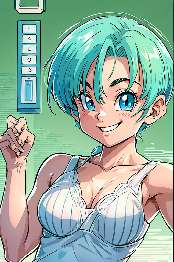 high definition, 8K, detailed face, Bulma from dragonball z, Deep blue eyes, ((white lingerie)), spa, (tiny breasts)), slim and thin, body of equal proportions, (four fingers and 1 thumb, ((2 hands)), Blue hair, Beautiful smile, Smiling at viewer, blushing cheeks, 