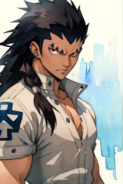 masterpiece, best quality, movie still, 1boy, solo, male focus, looking at viewer, upper body, , (watercolor illustration, soft pastel colors:1.1), , gajeel_redfox, black hair, red eyes, long hair, piercing, , aztec, 4k resolution