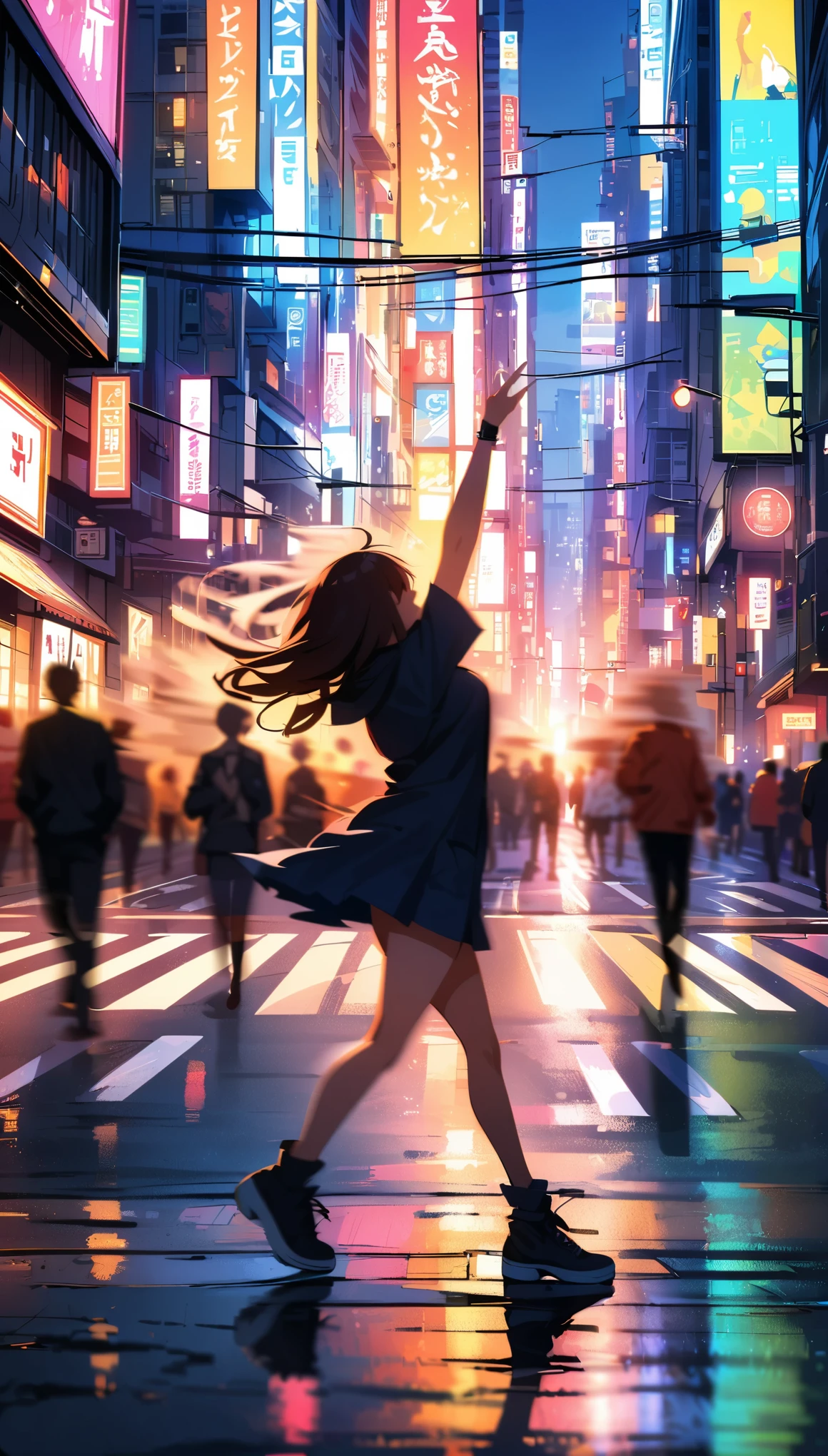 (high quality, 8k, 4K, High Contrast, masterpiece:1.2, 最high quality, Best aesthetics), Shibuya scramble crossing、Vibrant city lights、1 Female, focus on women, Intense dancing、Dance action pose, Backwards, (((Motion Blur Effect:1.6)))、atmosphere of tokyo、Busy street scene、Neon Signs、Vibrant atmosphere、Fast-paced movement、((Motion blur on pedestrians in background:1.2)), An iconic Shibuya landmark、Modern cityscape、Architectural diversity、Crowded sidewalks、Rush hour traffic、Urban energy、Bright colors、Dynamic configuration、Atmospheric perspective、Dramatic lighting