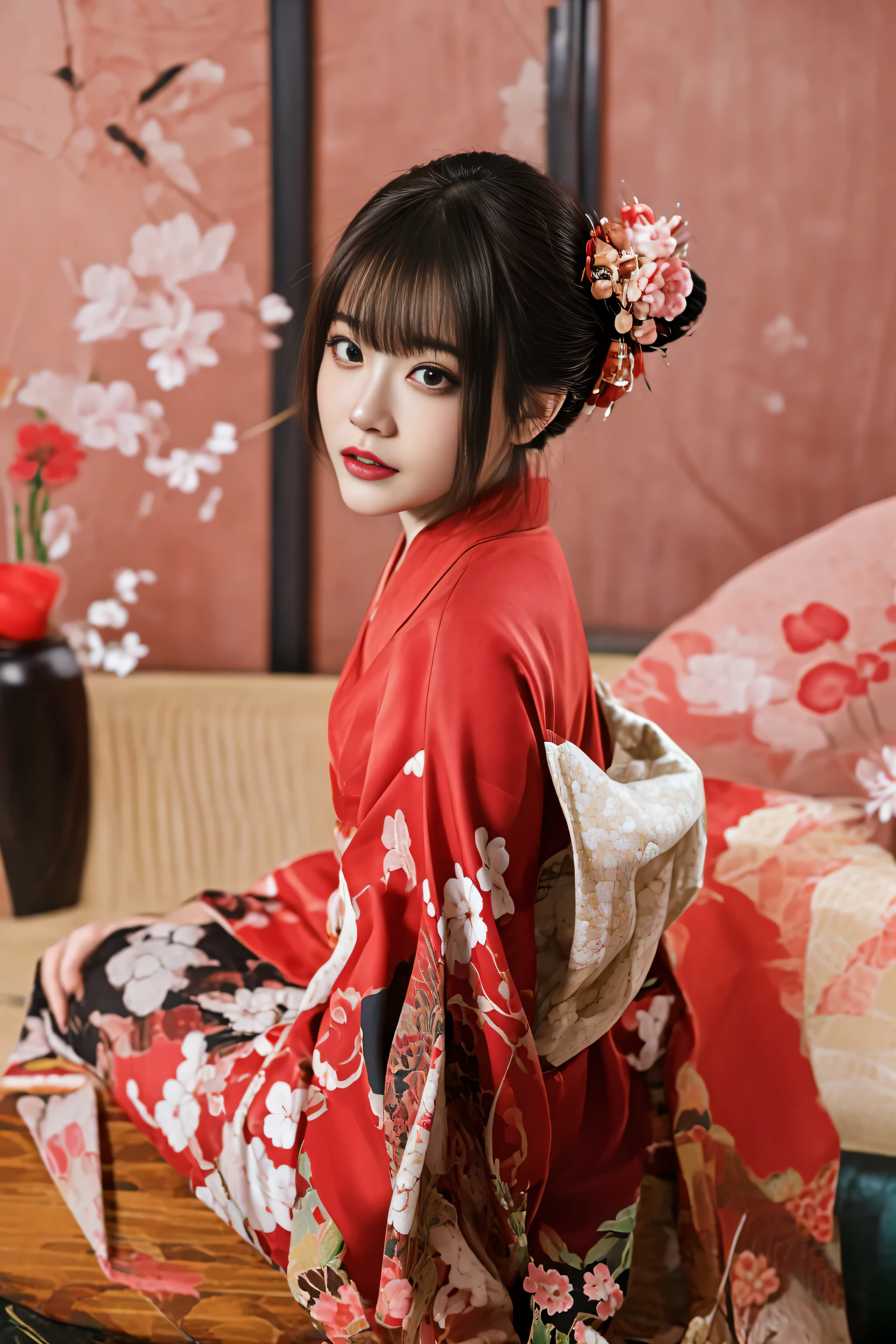 there is a young girl in a kimono sitting on a couch, red kimono, japanese kimono, red kimono with flower patterns, wearing kimono, japaneese style, traditional japanese, in kimono, wearing a kimono, traditional geisha clothing, japanese woman, elegant japanese woman, geisha photo portrait, kimono, japanese clothes, japanese geisha, wearing royal kimono