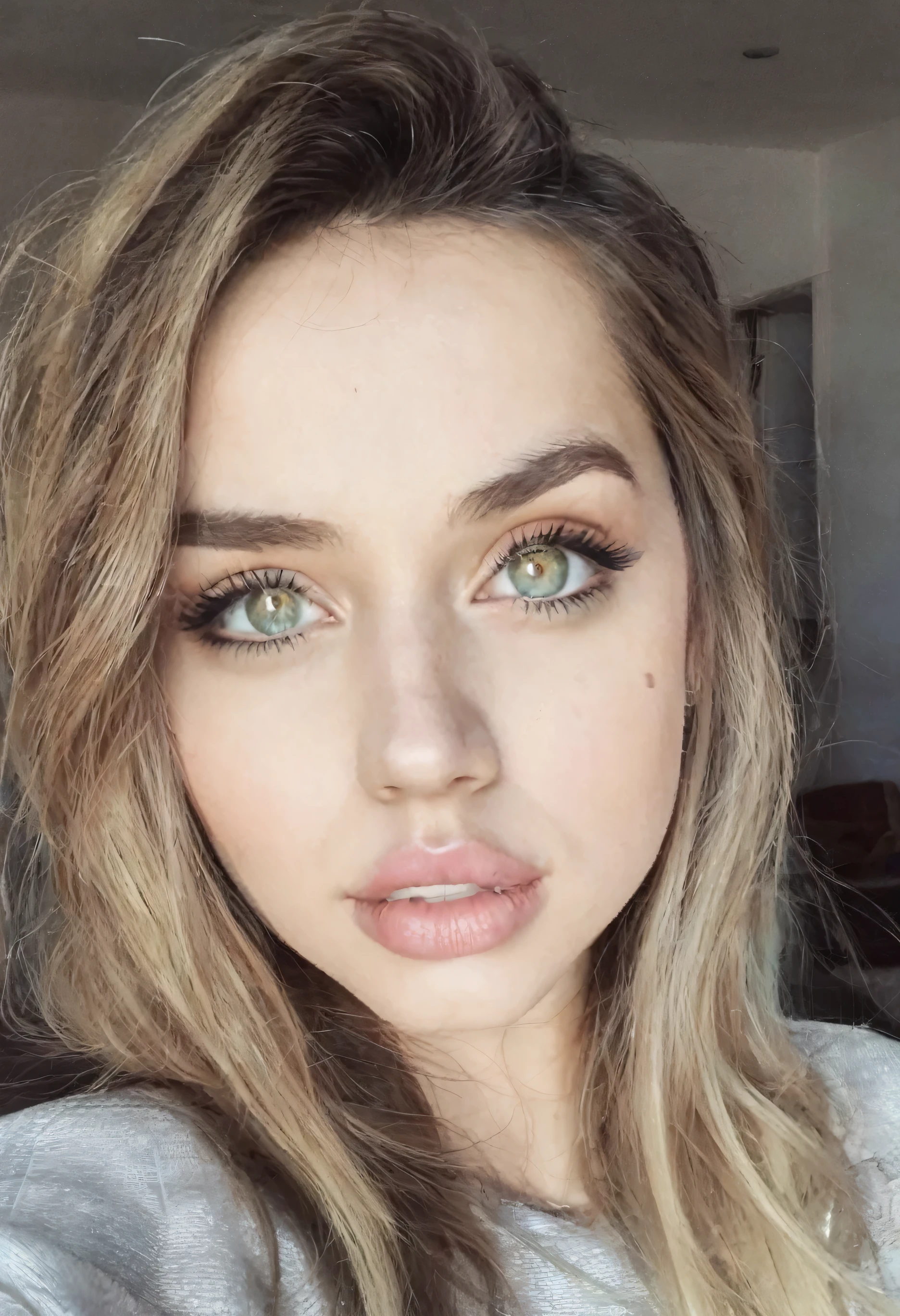 girl with no makeup, selfie photo with one hand, big grey eyes, big lips 