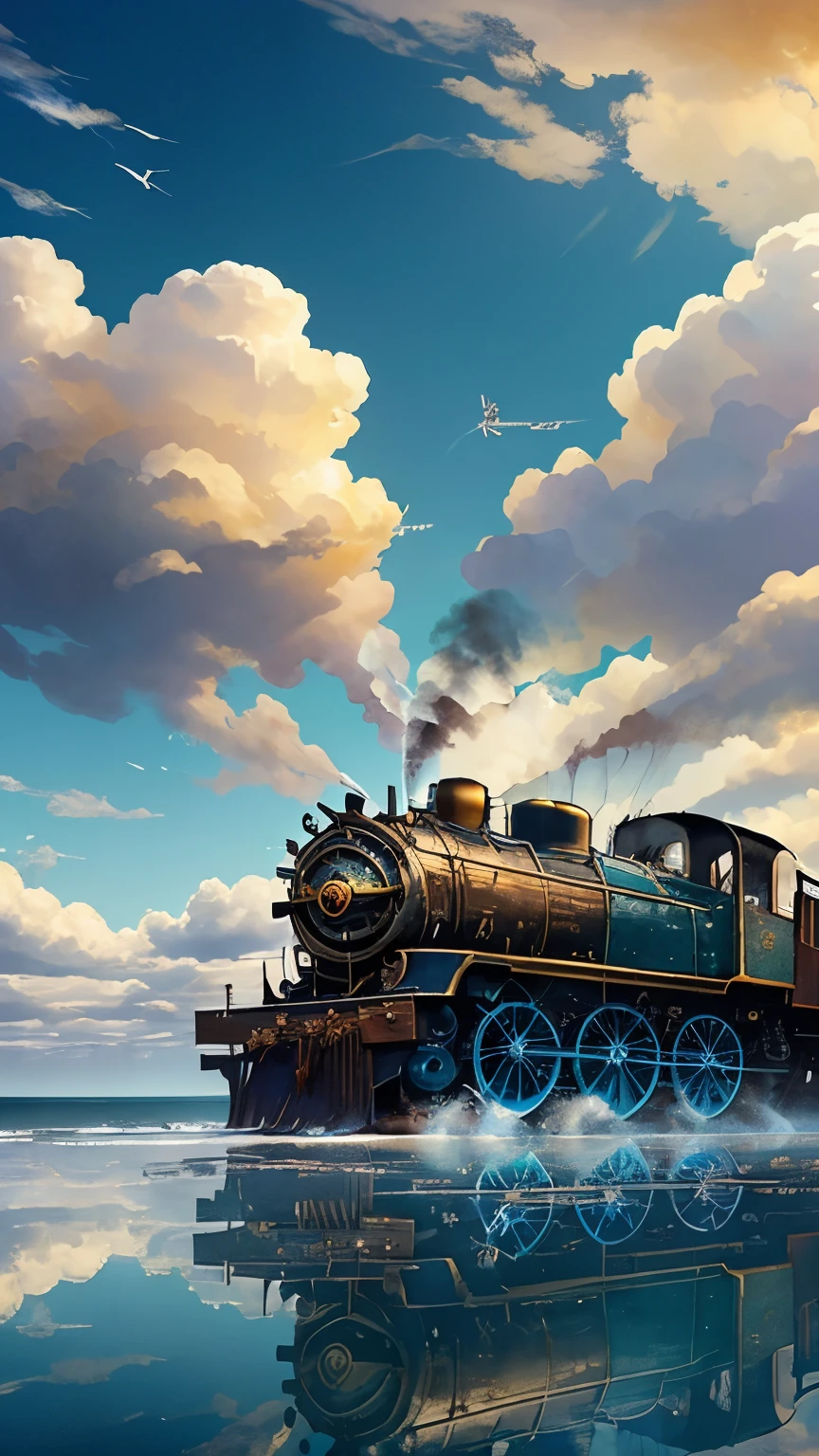 steampunkai。A steam locomotive running on a mirror-like calm sea。Blue sky and white clouds。