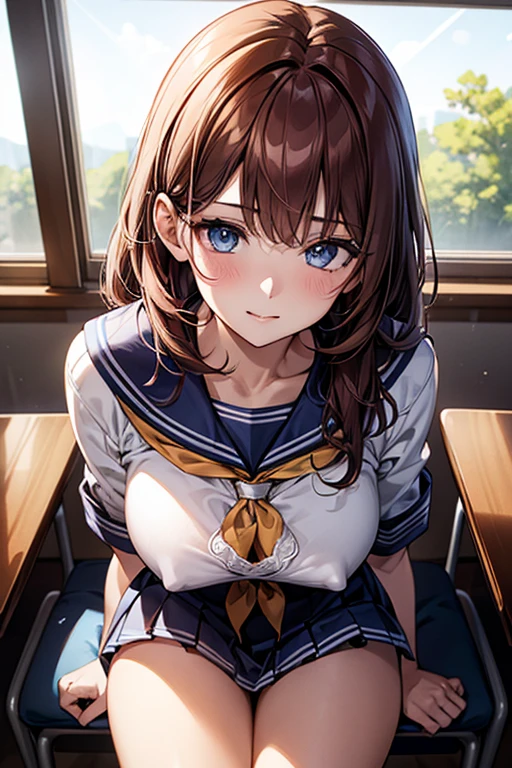 Blue-orange curls are curved inward,,There is a strong sense of freshness and freshness,girl with,((serafuku)), hands on one's face, Elbows on the desk, Sit up, Classroom, sunlights, window, see the beholder, Face in Love, I can see the cleavage:1.2, The finest beige underwear, Best Quality,Ultra-detailed, High resolution, extremely details CG, Unity 8k wallpaper, Caustics, textile shading, super detailed skin, Perfect Anatomy, Detailed, Cinematic lighting, Dynamic lighting, Beautiful detailed eyes, (top-quality), (ultra-detailliert), (masuter piece), (hight resolution), (Original), Character Design, Game CG, Detailed Manga Illustration, Realistic head-to-body size ratio:1.2