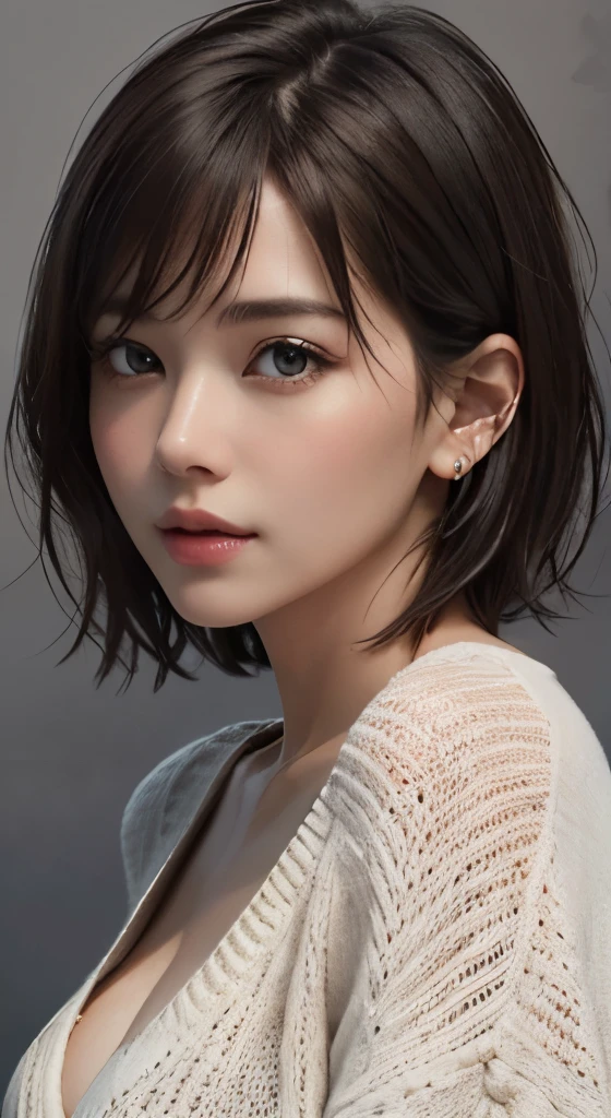(Representative works:1.3)、(8k、Photorealistic、RAW Photos、Highest quality:1.4)、(30 year old mature woman)、Small face、Facial beauty、(Realistic Face)、No makeup、Natural Makeup、Light makeup、 (Dark brown、short hair:1.3)、Beautiful hairstyle、Realistic eyes、Beautiful detailed eyes、 (Photorealisticな肌)、Beautiful Skin、 (sweater),、Bust B cup、 uncoordinated、 charm, 超High definition, Ultra-realistic, High definition, Golden ratio FF Tifa、Gray background、