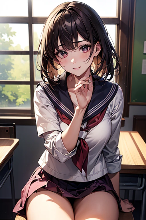 There is a strong sense of freshness and freshness,girl with,((serafuku)), hands on one's face, Elbows on the desk, Sit up, ‎Classroom, sunlights, window, see the beholder, Face in Love, I can see the cleavage:1.2, The finest beige underwear, Best Quality,Ultra-detailed, High resolution, extremely details CG, Unity 8k wallpaper, Caustics, textile shading, super detailed skin, Perfect Anatomy, Detailed, Cinematic lighting, Dynamic lighting, Beautiful detailed eyes, (top-quality), (ultra-detailliert), (masuter piece), (hight resolution), (Original), Character Design, Game CG, Detailed Manga Illustration, Realistic head-to-body size ratio:1.2