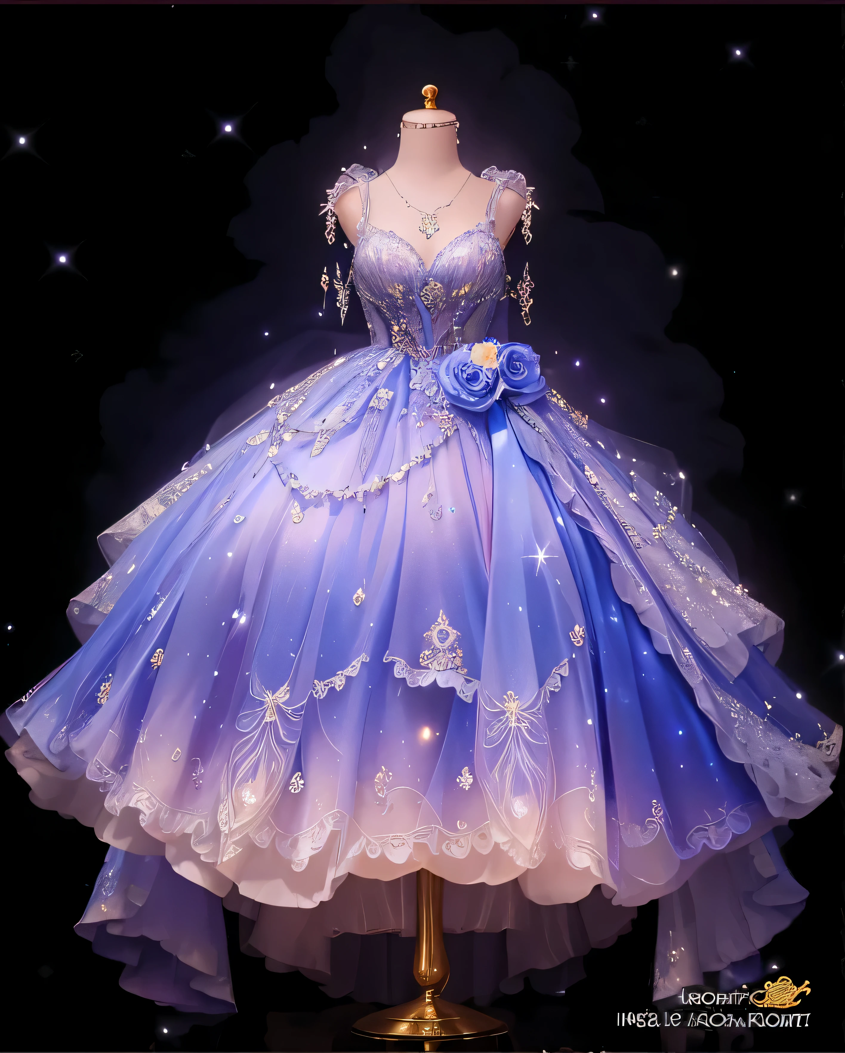 a close up of a dress on a mannequin display, magical dress, fantasy dress, rococo dress, astral witch clothes, intricate fantasy dress, astral dress, very magical and dreamy, ethereal fairytale, royal gown, lady with glowing flowers dress, royal dress, icey blue dress, ornate royal gown, beautiful celestial mage, astral fairy, rococo ruffles dress