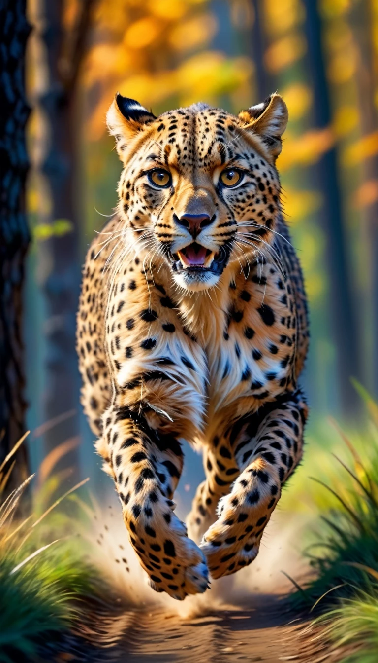 (best quality,4k,8k,highres,masterpiece:1.2),ultra-detailed,(realistic,photorealistic,photo-realistic:1.37),(motion blur:1.3), Gepard,painting,run very fast,motion blurred background,blured background show how fast gepard os running, colorful,expressive,energetic strokes,golden light,graceful,majestic,subtle shades,striking contrast,striking colors,impressionistic style,implied speed,wild beauty,eloquent,fluent lines,explosive energy,vibrant,powerful,fluid movements,breathtaking,dynamic composition,detailed fur texture,motion blurred scenery,motion blurred grass,motion blurred trees,motion blurred sky,motion blurred clouds,blurred motion trails,life-like,immersive forest environment.