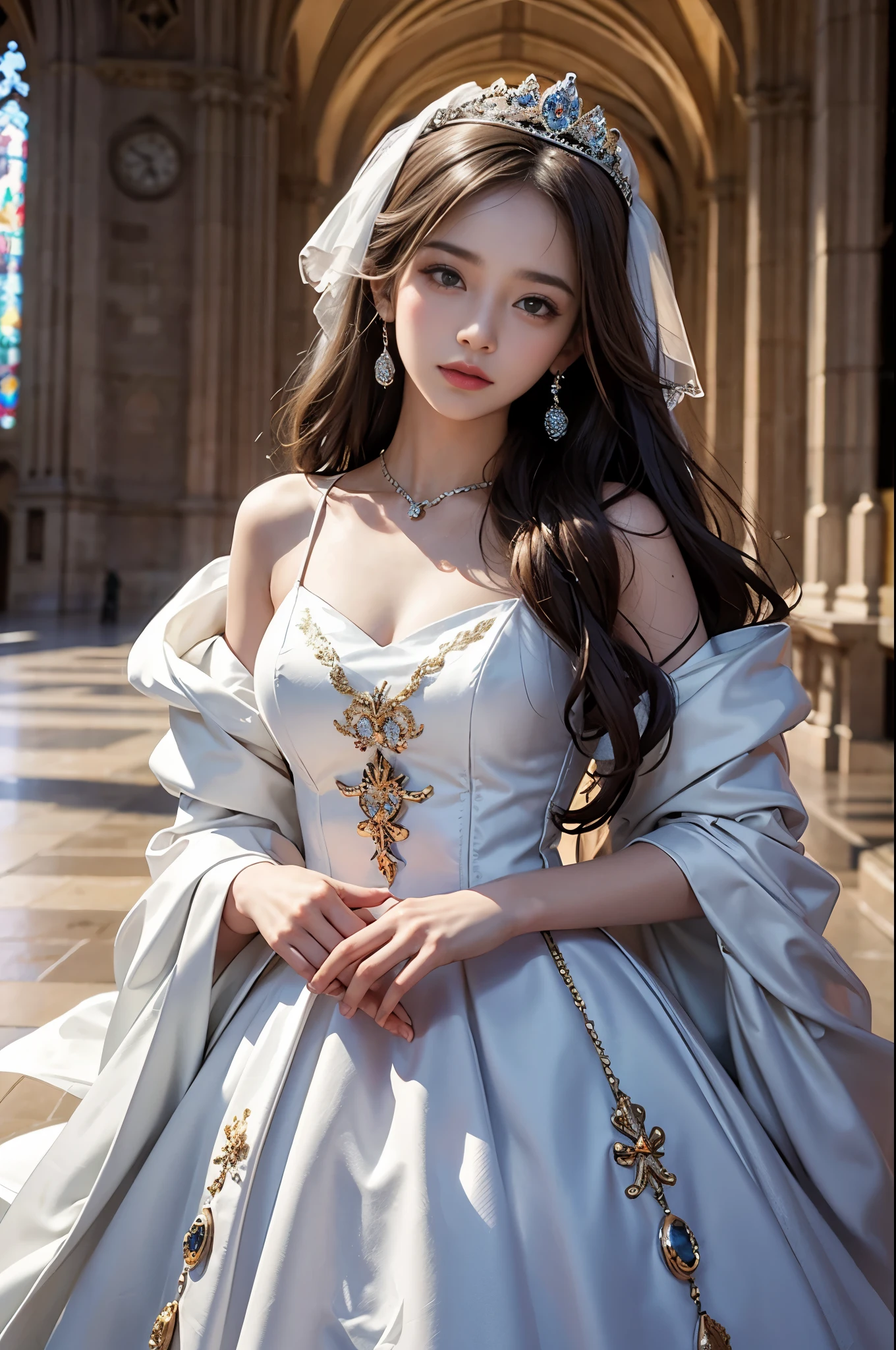best quality, masterpiece, 1 girl, yak, cute teen, shiny lips, sweet, sun glare, Conservative attire, wedding dress, Bridal tiara, depth of field, blurred background, Cathedral Background, light particles, strong wind, long hair, head tilt