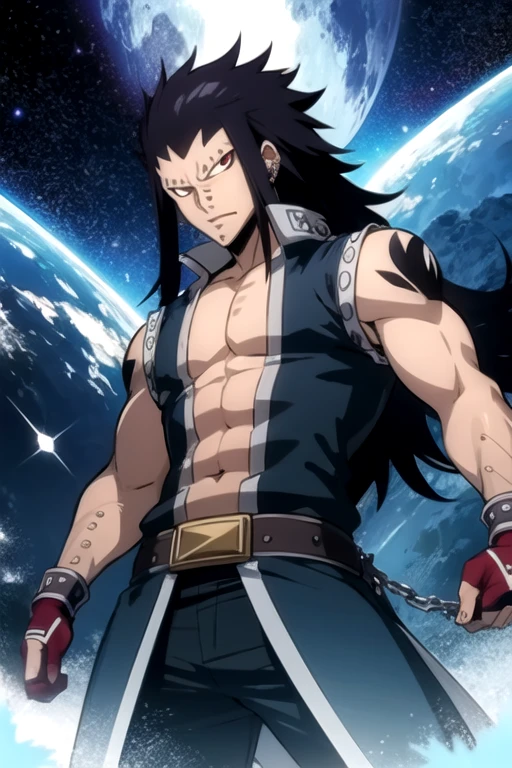 masterpiece, best quality, game cg, 1boy, solo, male focus, looking at viewer, , , , , gajeel_redfox, black hair, red eyes, long hair, piercing, , science fiction space western,
