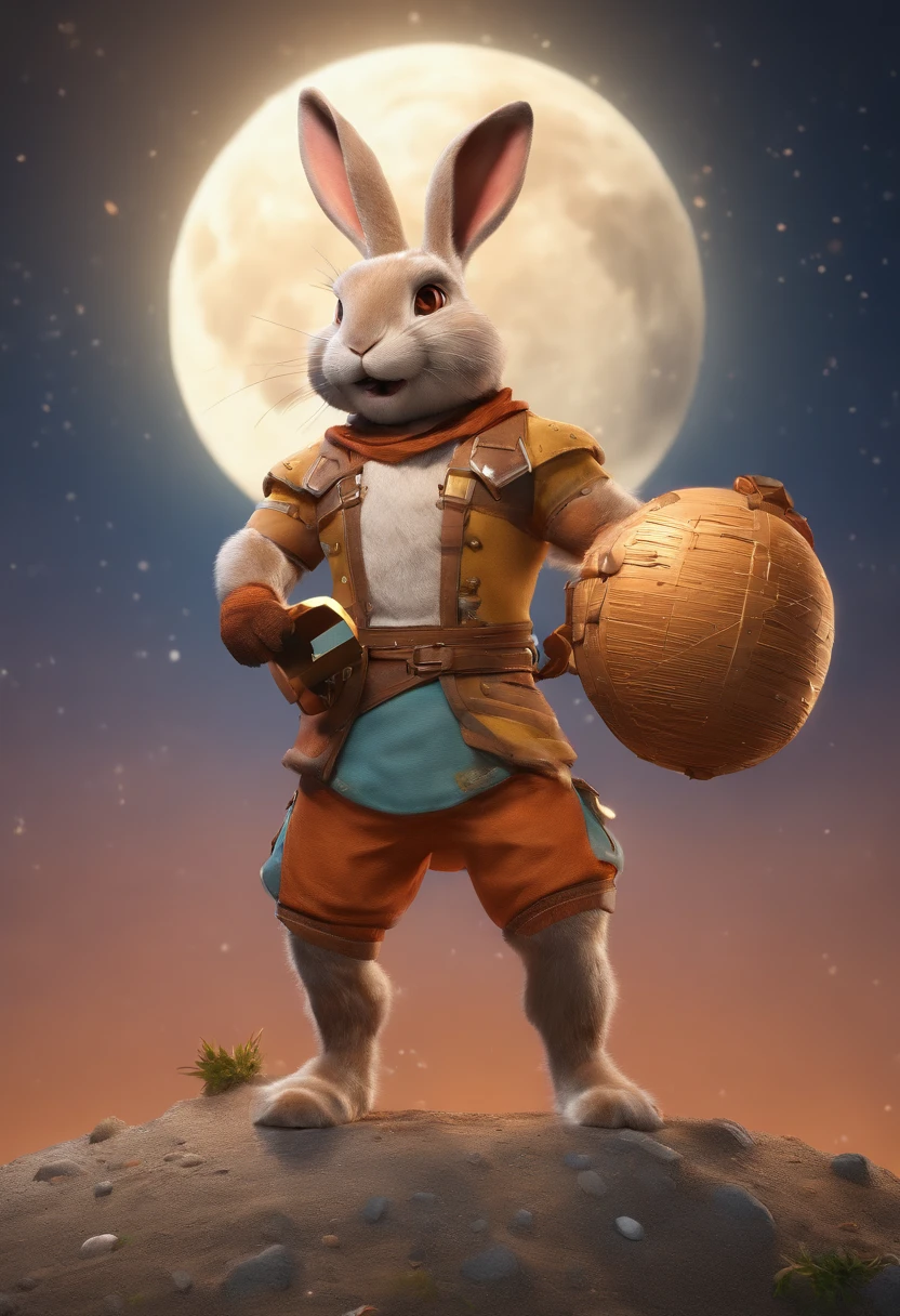 A huge, muscular rabbit、Rabbit carrying a mallet、Pounding rice cakes on the moon、full moon