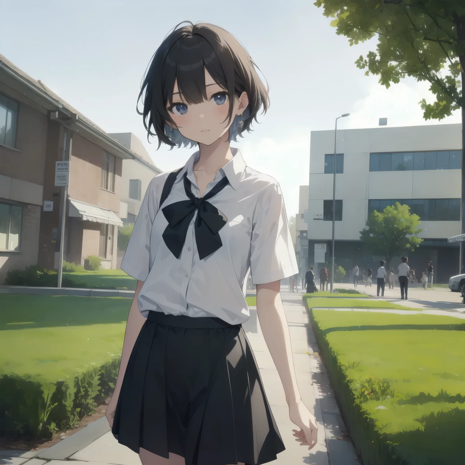 ultra-absurdres-Top quality by artist God, ultra-detailed, high resolution, anime moe artstyle, best anime 8k konachan wallpaper, pixiv contest winner,pool:2810, perfect anatomy,break, 1girl, (Please draw a girl walking sleepily to school alone. )break,(Solo,little female, 13-year-old:1.3),Full limbs, complete fingers,a junior high school student,  (very short hair), short cut, flat chest, , small butt, small black eyes, beautiful detailed eyes, well-proportioned iris and pupils, expressive eyes, highres detailed hair, soft expression, school_uniform, official_alternate_costume, pleated skirt,(Detailed Lighting), (Detailed background), in the School commute route. break,super detailed skin, Best cinematic lighting powered by famous artist, 8k,beauty illustration,photoshop_(medium),very aesthetic,break,((artist:kou_hiyoyo )), artist:akinashi yuu ,artist:oyari ashito ,artist:kantoku ,