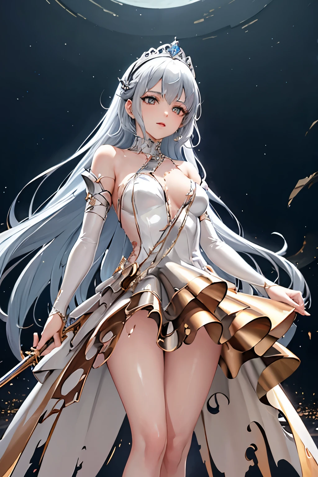(((highest quality、Masterpiece、Normal body、8k、Detailed face、Ultra-precision、Normal hand、Normal finger、5Finger、supreme)))Golden and silver hair、Princess、Gorgeous Dress、Frilled Skirt、Shiny Tiara、night armor、metal boots、Holy Sword、Overall view、Ripped Dress、Torn dress、Dress with holes、exposed skin