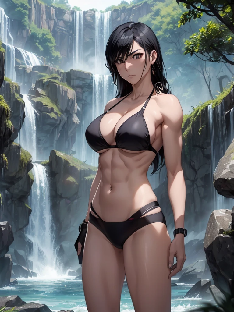 (8k, RAW photos, minino:1.1) ,female,(looki at viewer company),cowboy lens,Japanese,ikumi unagiya/ (bleach\),(black bikini:1.1),La Brett Piercing,cleavage,(((black bikini))),Be red on the face, full body photo, standing, seductive, lean, muscular legs, muscular belly.black hair,long hair, big breasts, Professional lighting、photon mapping、physics-based rendering、dark theme,in front of a waterfall
