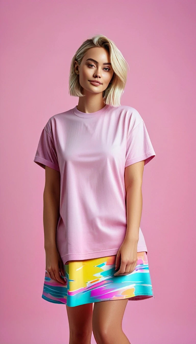 Cinematic fullbody photo Gen-Z fashion-focused beautiful young american woman with short skirt straight blond hair, donned in an oversize, heavyweight blank pink t-shirt , small crew neck, vibrant backdrop assembled with acrylic abstract of cheerful colors, wrinkle detail, fabric texture, shadowing, shirt size, ultra HD, lifelike aesthetic, high saturation, superior detail, balanced composition, ultra realistic, photorealistic, fine detail, ultra detais, 16K, kodak portra 400. By DL ⭕