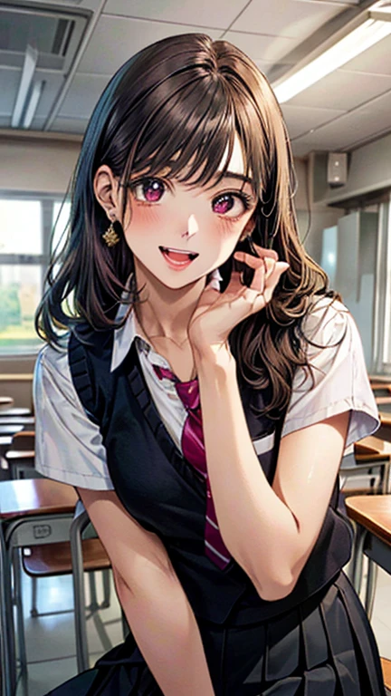 (masterpiece:1.3, top-quality, ultra high res, ultra detailed), (realistic, photorealistic:1.4), beautiful illustration, perfect lighting, natural lighting, colorful, depth of fields, 
beautiful detailed hair, beautiful detailed face, beautiful detailed eyes, beautiful clavicle, beautiful body, beautiful chest, beautiful thigh, beautiful legs, beautiful fingers, 
looking at viewer, (face focus, upper body), 1 girl, japanese, sculpture model, perfect face, (perfect anatomy, anatomically correct), cute and symmetrical face, babyface, , shiny skin, 
(long hair:1.7, straight hair:1.0, rosy brown hair), swept bangs, gold eyes, big eyes, slant eyes, long eye lasher, double teeth, (medium breasts:1.6, tight butt, seductive thighs), slender, 
((black blazer, (shocking pink knit vest,) collared white shirt, black pleated skirt, red tie)), black school socks, 
(beautiful scenery), morning, (classroom, chalkboard, window, ceiling light, curtains), sitting school desk, (eatting melon bread), (seductive smile, open mouth small), 